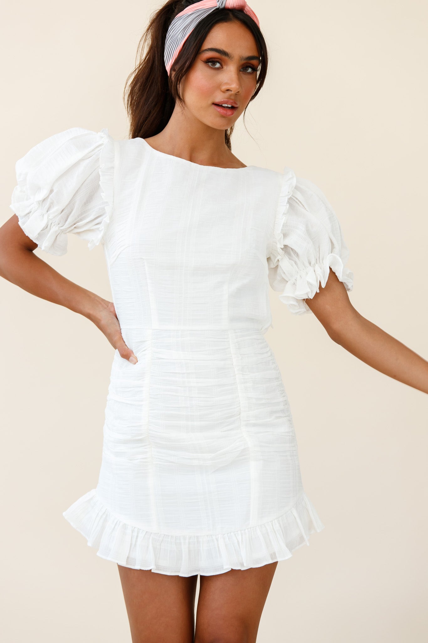Icing On The Cake Open Back Ruched Dress White-Maymioy