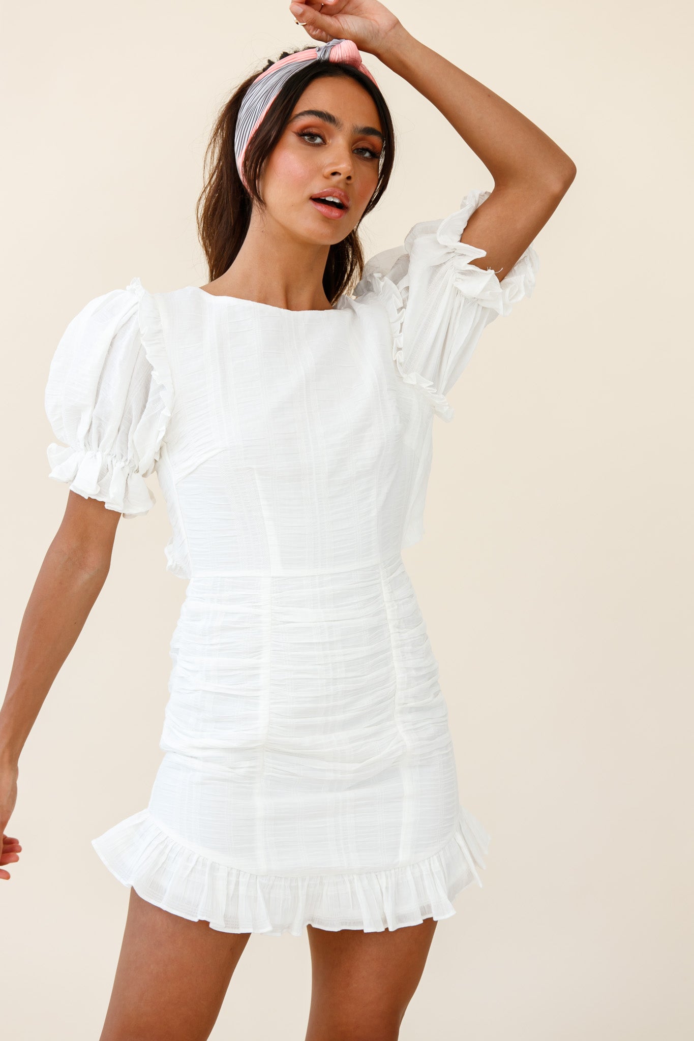 Icing On The Cake Open Back Ruched Dress White-Maymioy