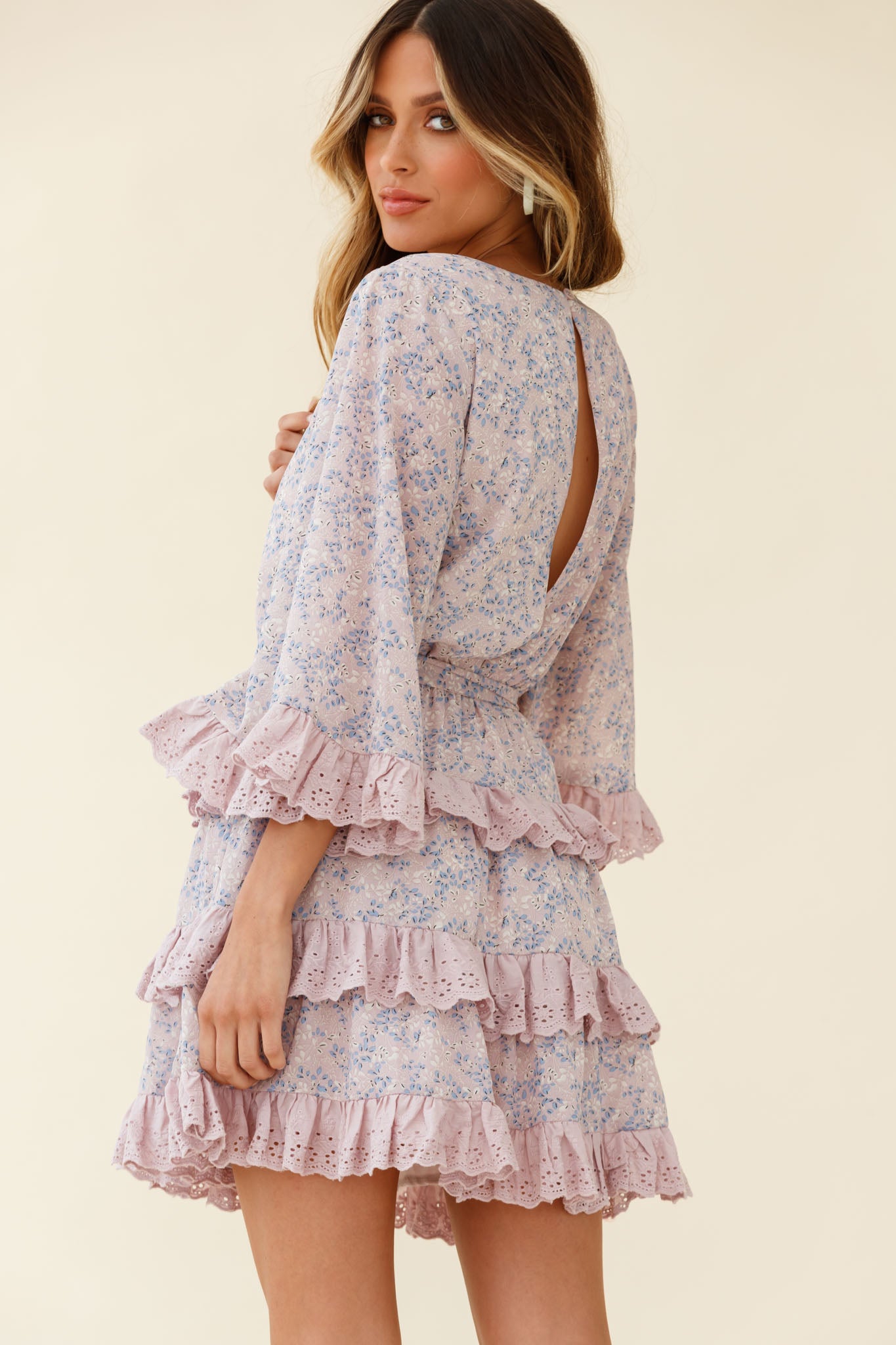 Tulsa 3/4 Sleeve Waist Tie Frill Dress Floral Print Pink-Maymioy