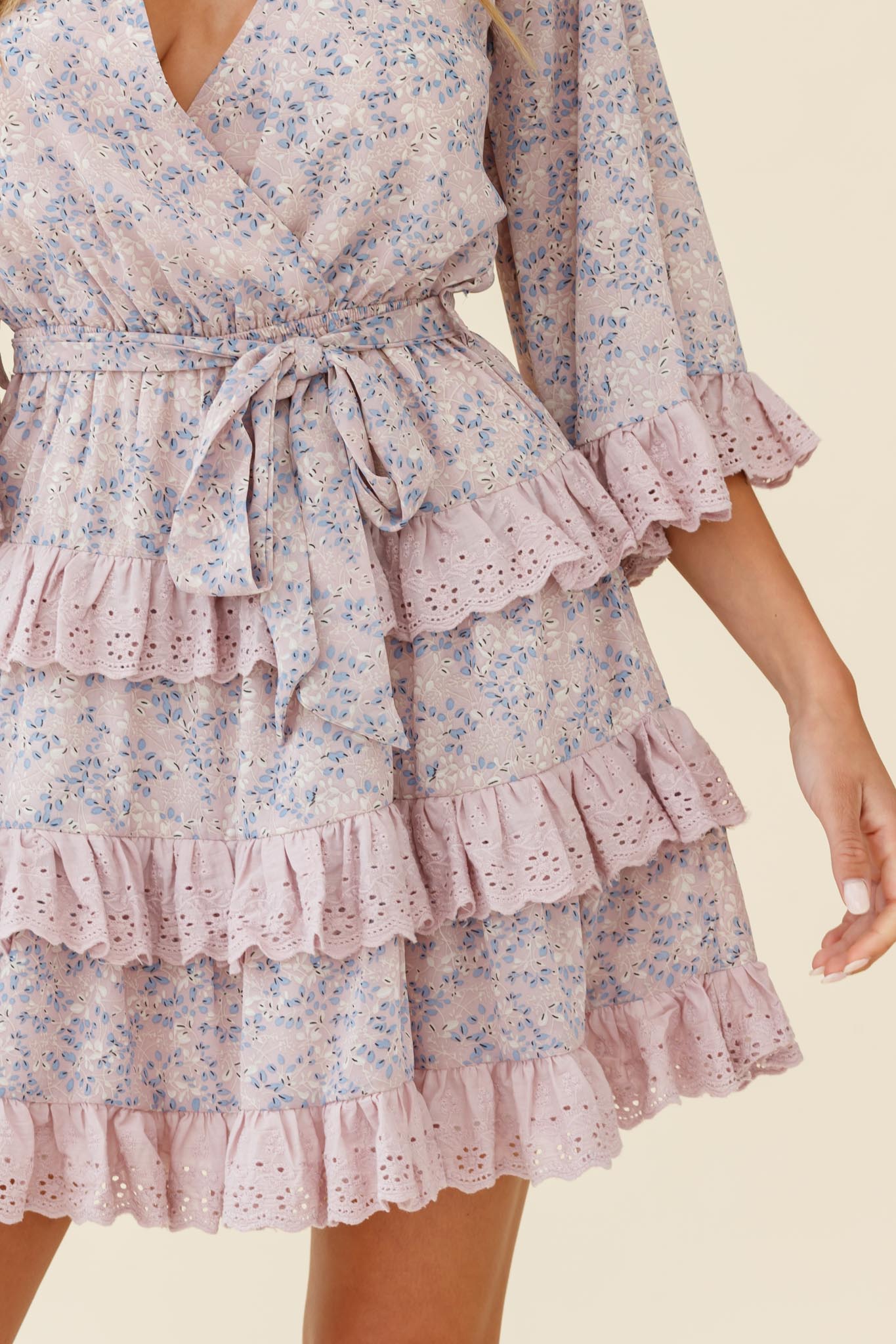 Tulsa 3/4 Sleeve Waist Tie Frill Dress Floral Print Pink-Maymioy