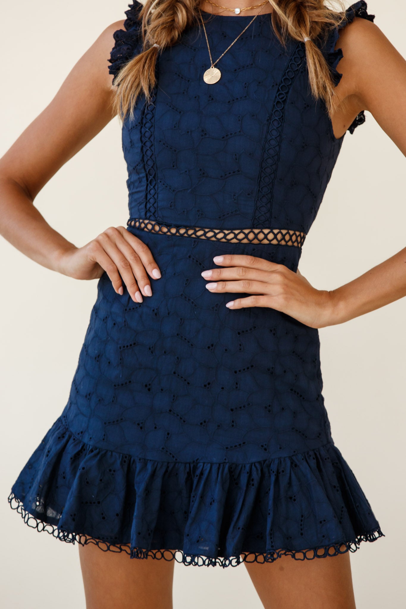 Reaching For Stars Corset Back Broderie Anglaise Dress Navy-Maymioy