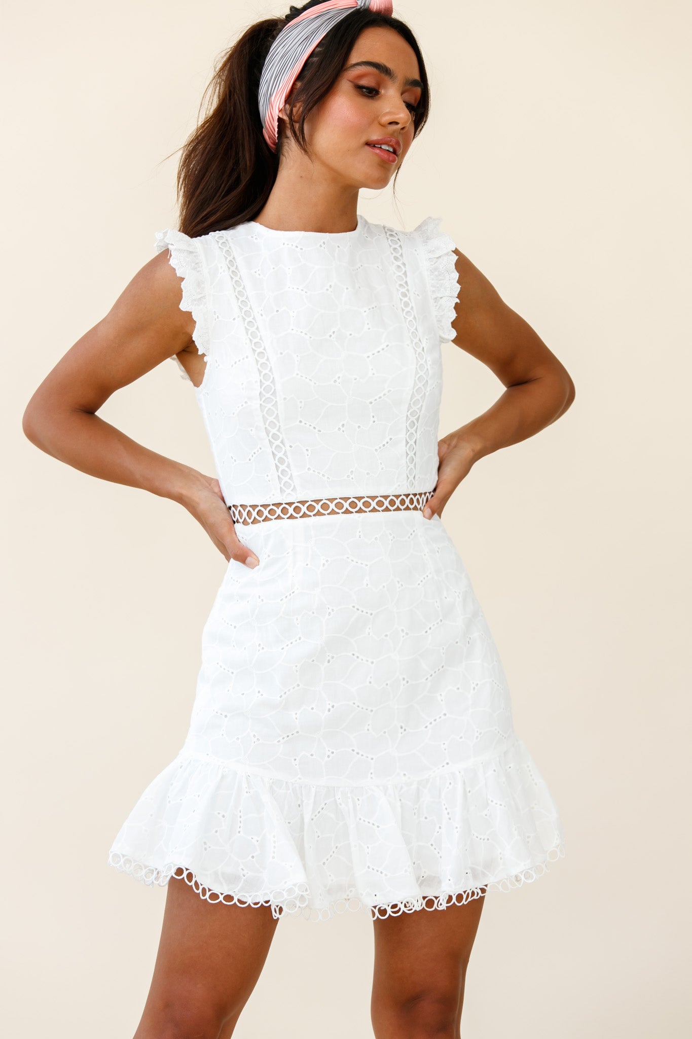 Reaching For Stars Corset Back Broderie Anglaise Dress White-Maymioy