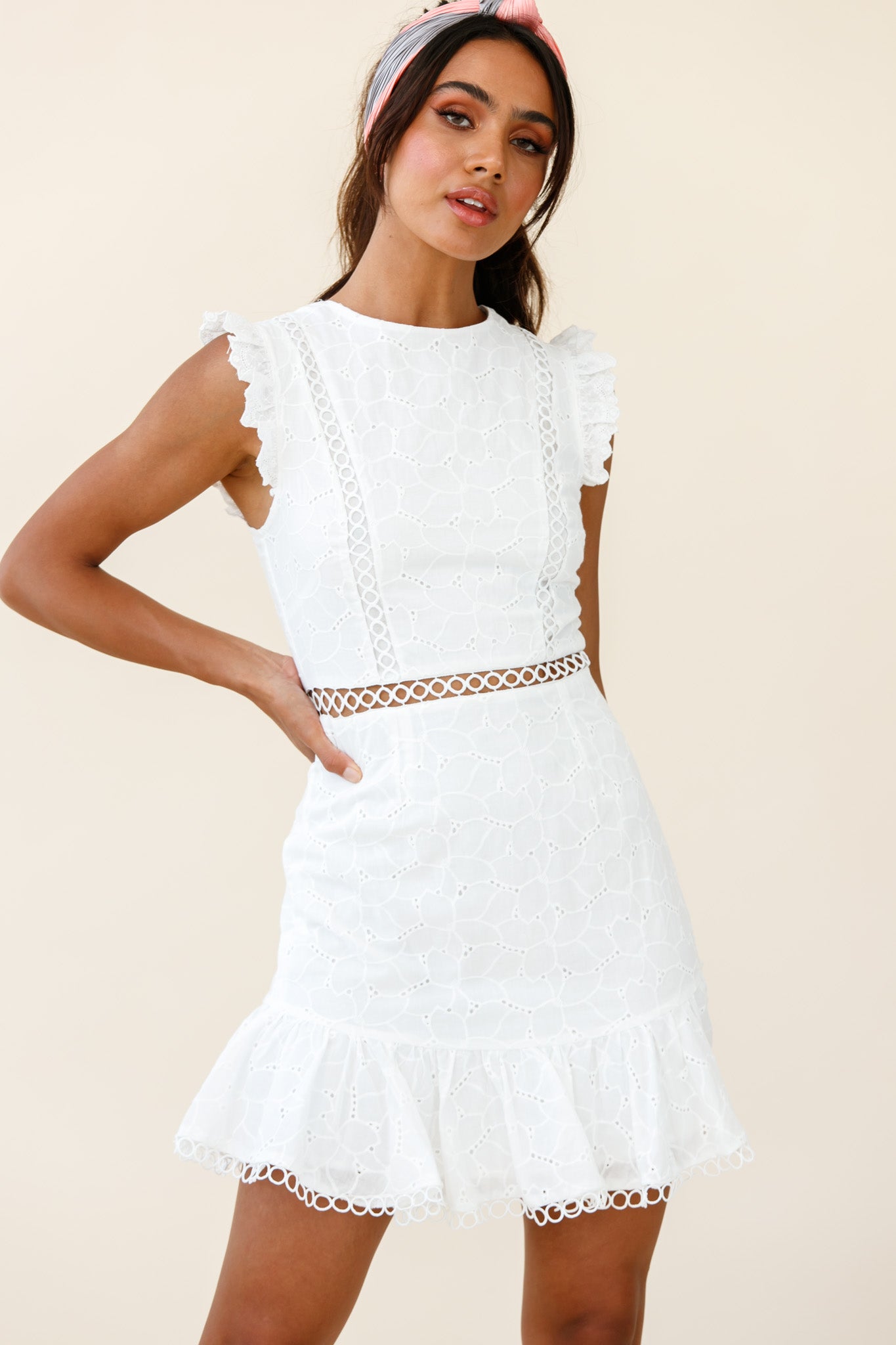 Reaching For Stars Corset Back Broderie Anglaise Dress White-Maymioy