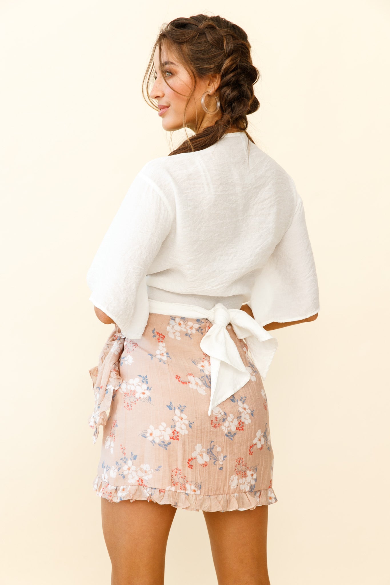 Liana Frill Trim Wrap Style Skirt Floral Print Mocha-Maymioy