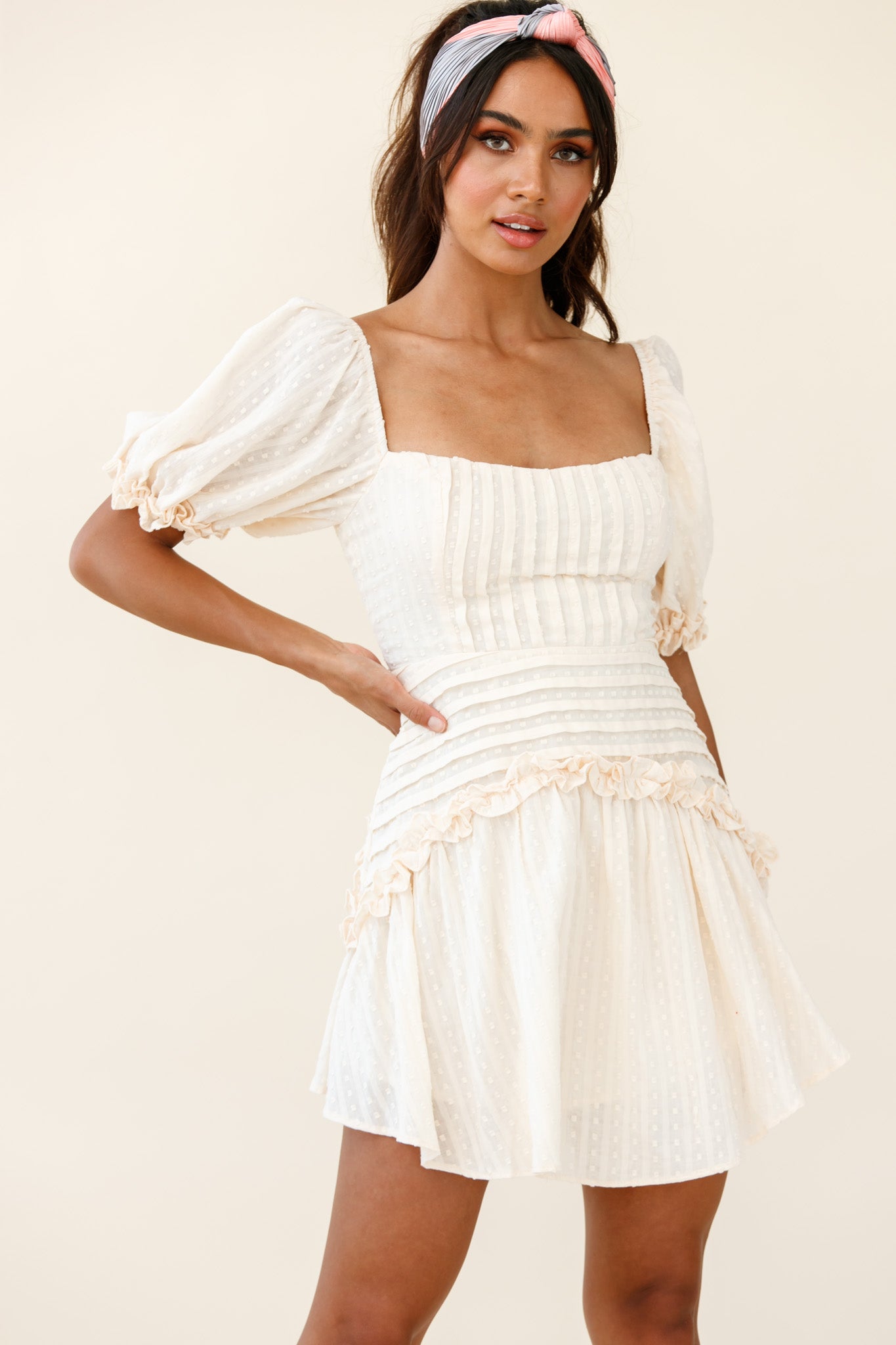 Sunshine Lane Milkmaid Sleeve Lace-up Back Dress Beige-Maymioy