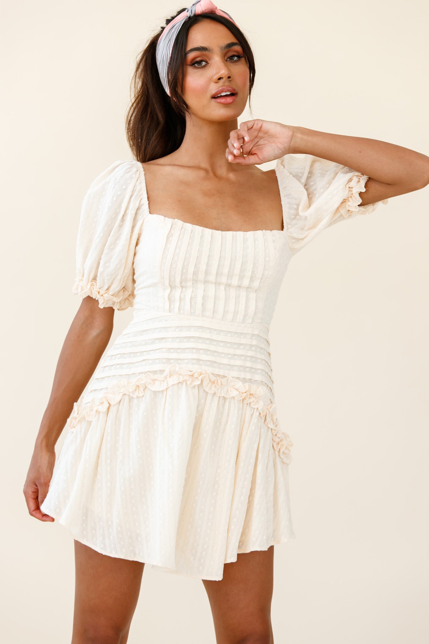 Sunshine Lane Milkmaid Sleeve Lace-up Back Dress Beige-Maymioy