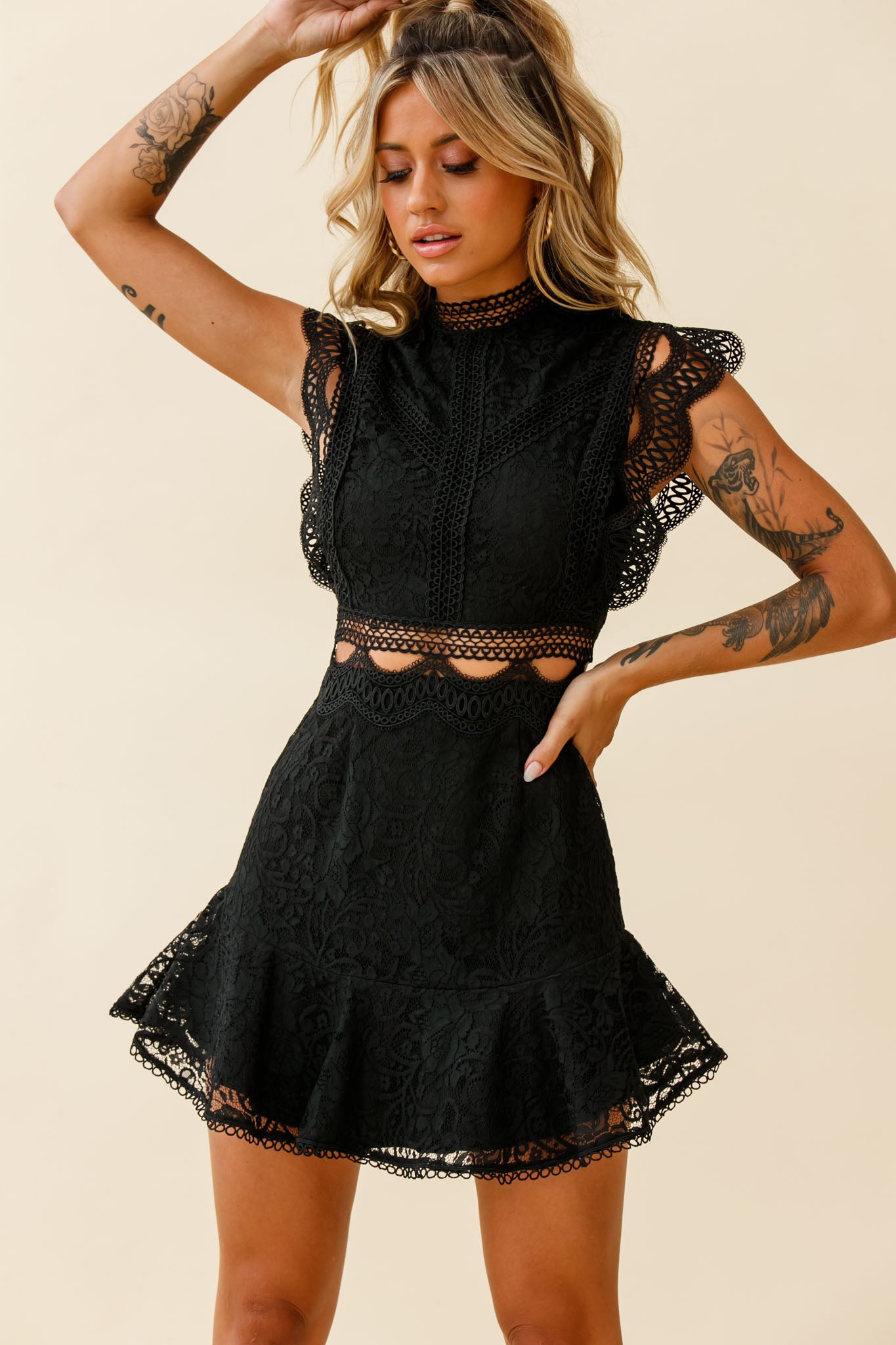 Elisha Crochet Detail Lace Overlay Dress Black-Maymioy