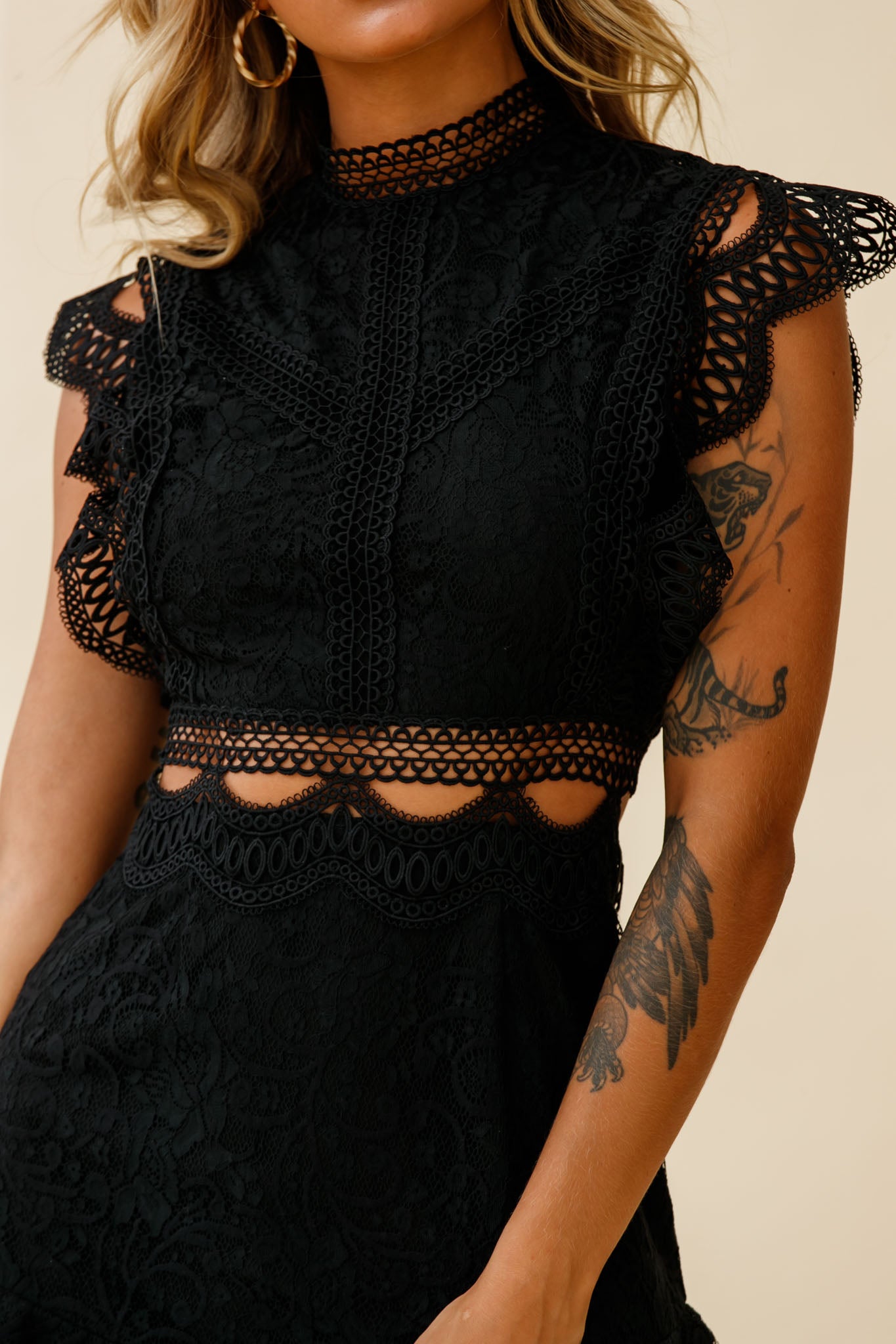 Elisha Crochet Detail Lace Overlay Dress Black-Maymioy
