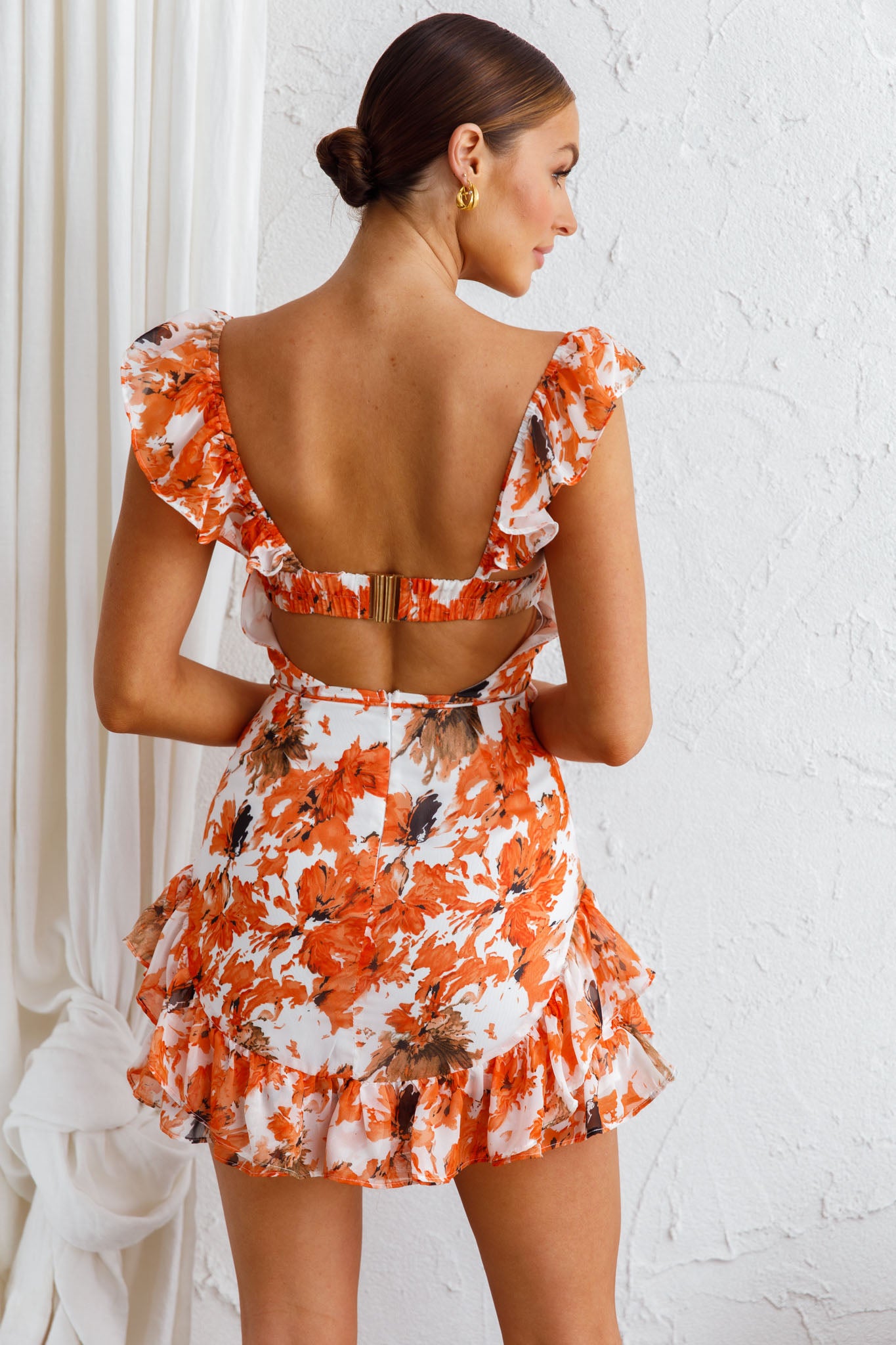 Liz Gathered Bust Frill Trim Dress Abstract Floral Orange-Maymioy