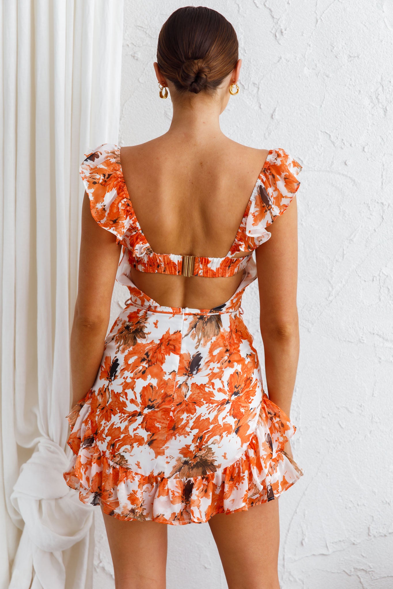 Liz Gathered Bust Frill Trim Dress Abstract Floral Orange-Maymioy