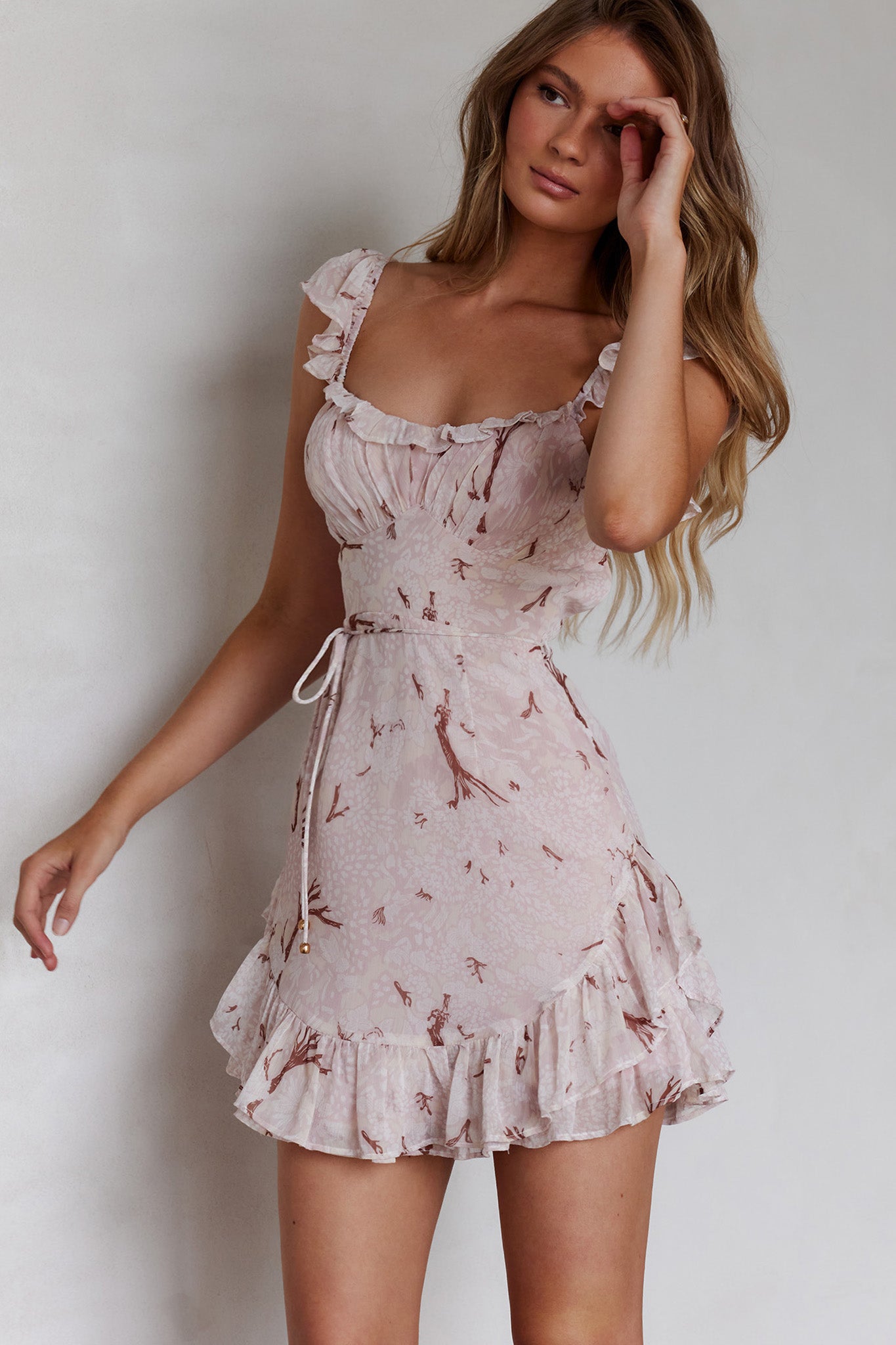 Liz Gathered Bust Frill Trim Dress Floral Pink-Maymioy