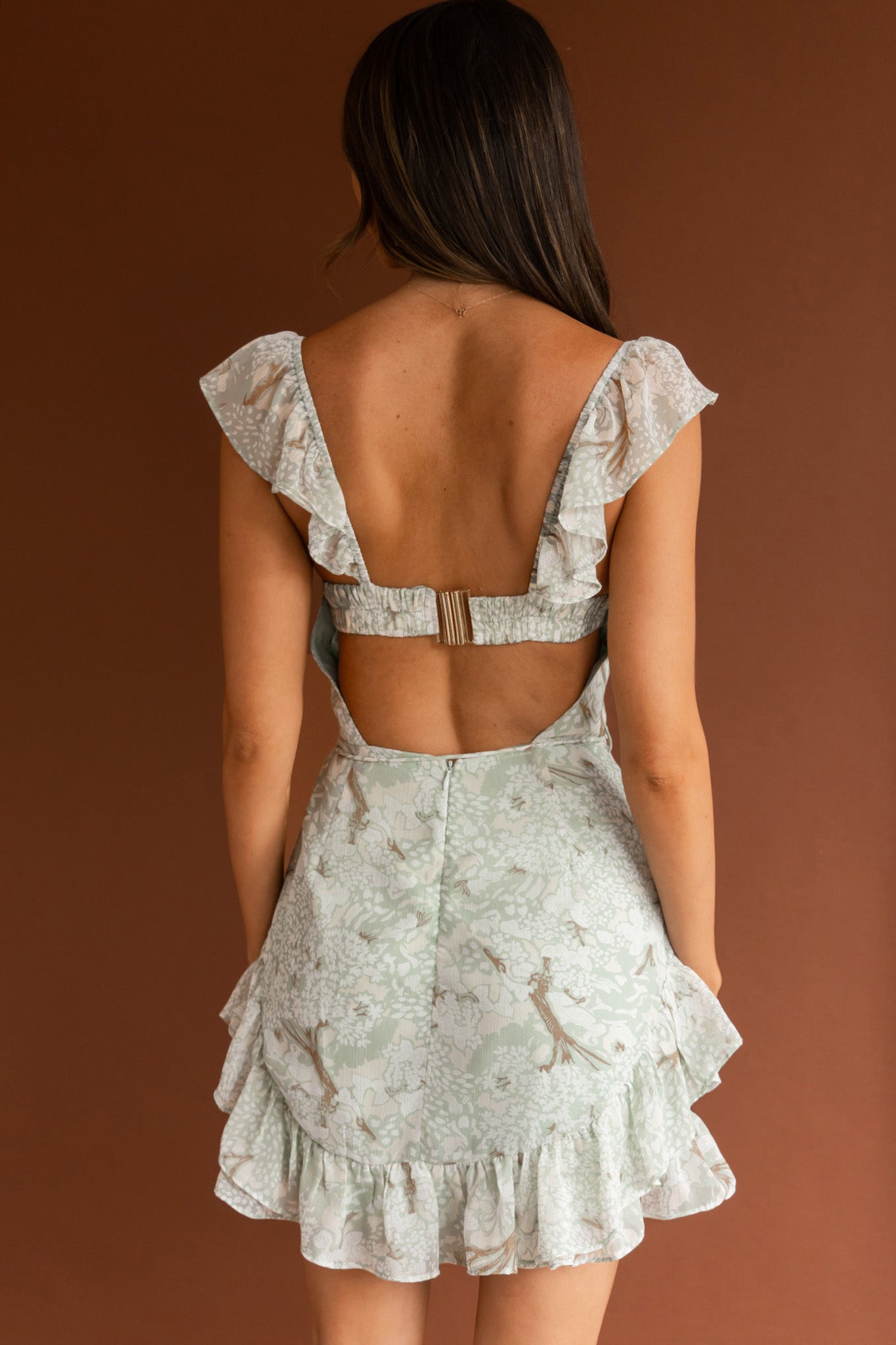 Liz Gathered Bust Frill Trim Dress Floral Sage-Maymioy