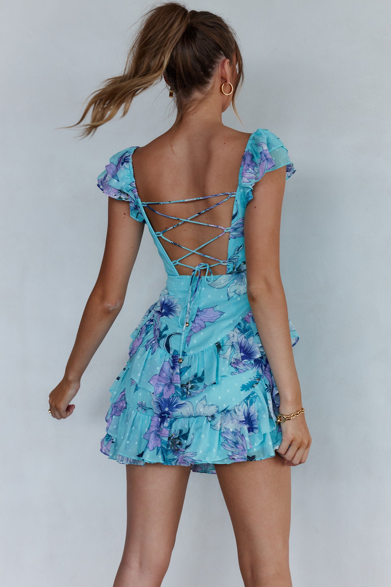 Liz Ruffle Shoulder Dress Floral Mint-Maymioy