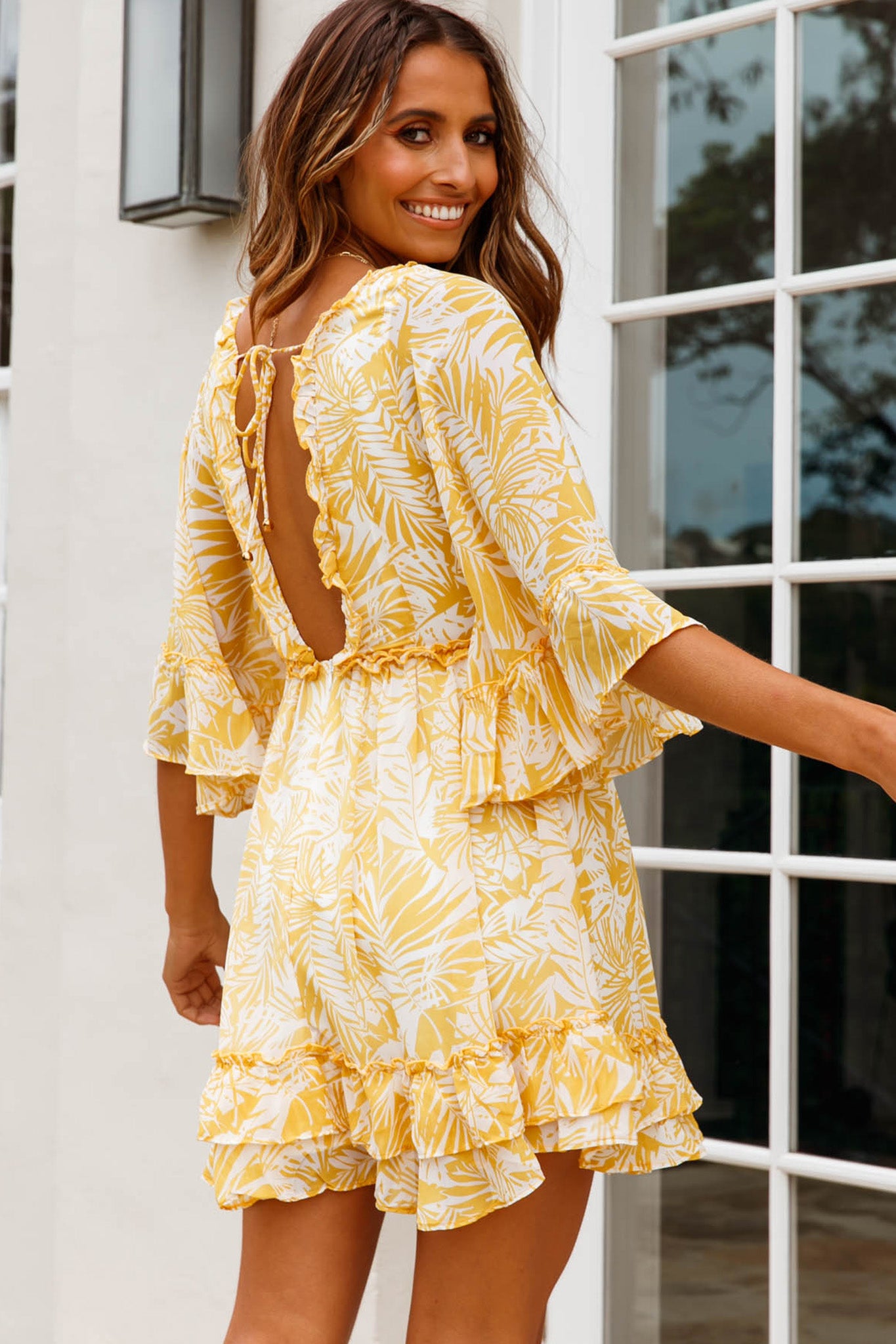 Making Me Blush Bell Sleeve Frill Trim Dress Tropical Print Yellow-Maymioy
