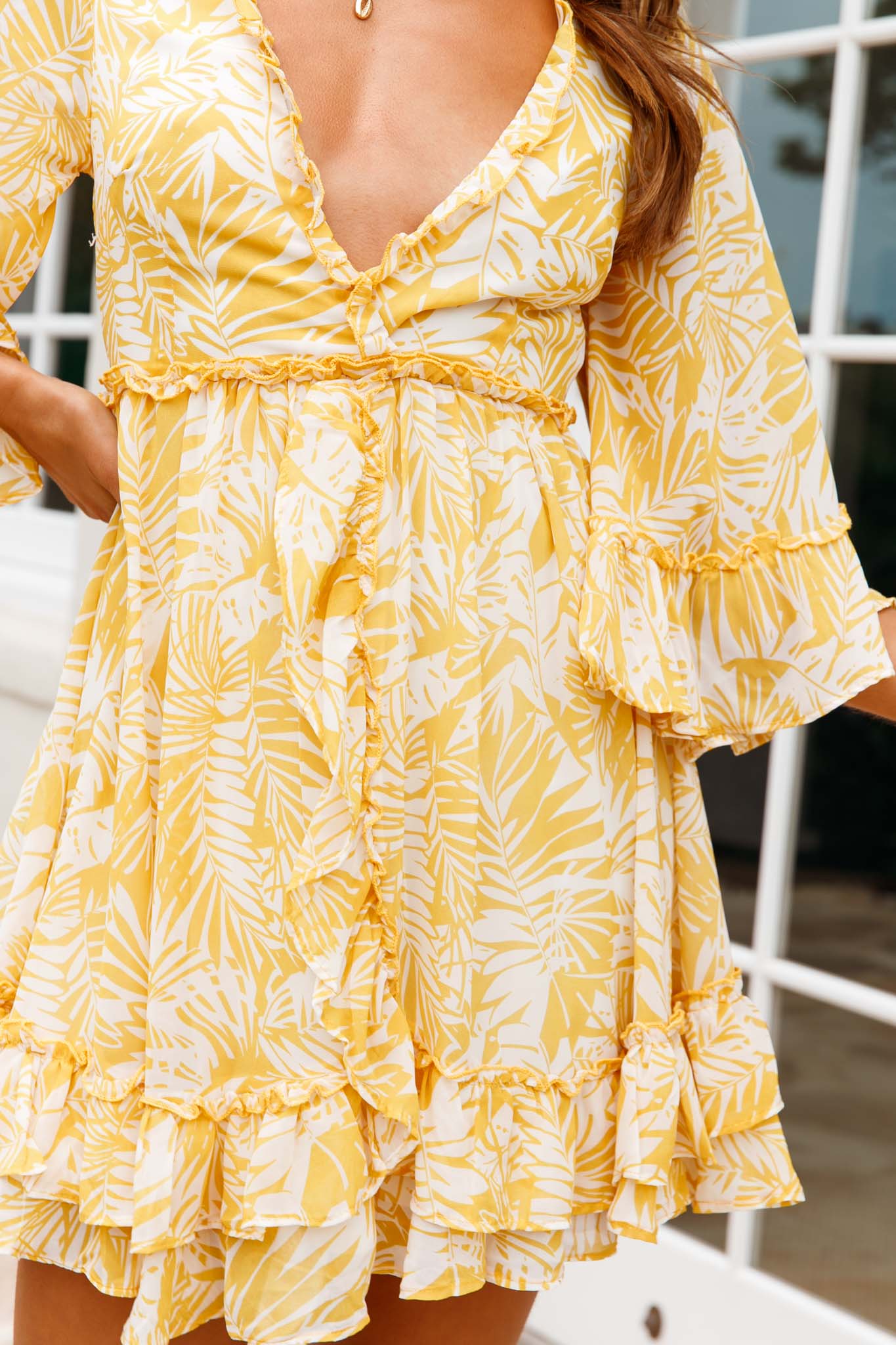 Making Me Blush Bell Sleeve Frill Trim Dress Tropical Print Yellow-Maymioy