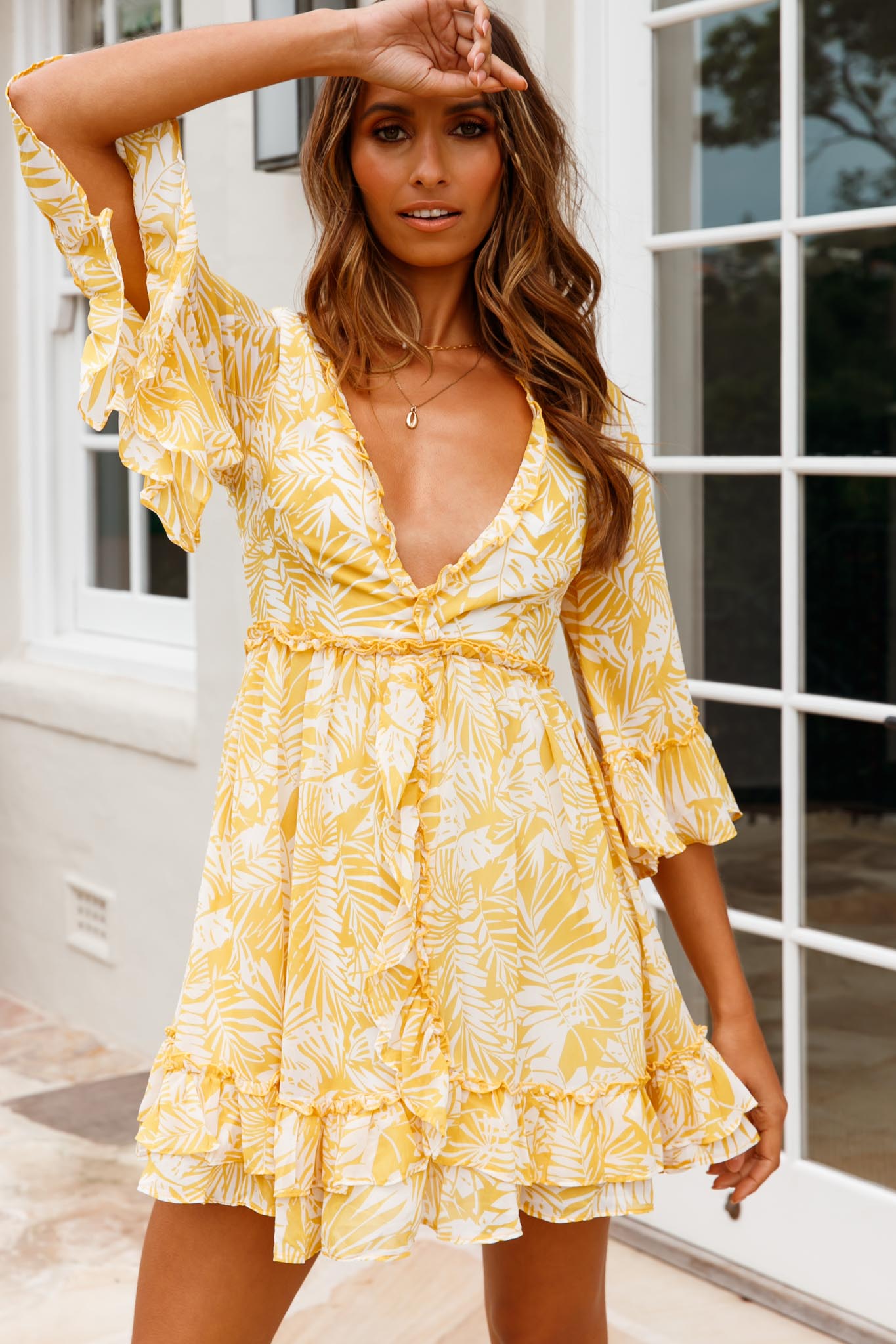 Making Me Blush Bell Sleeve Frill Trim Dress Tropical Print Yellow-Maymioy