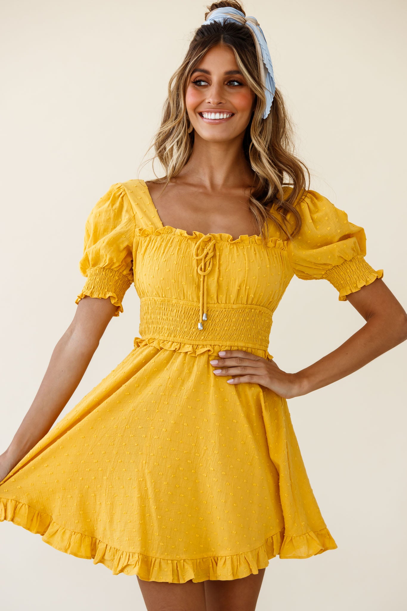 Summer In Paris Puff Sleeve Open Back Dress Mustard-Maymioy