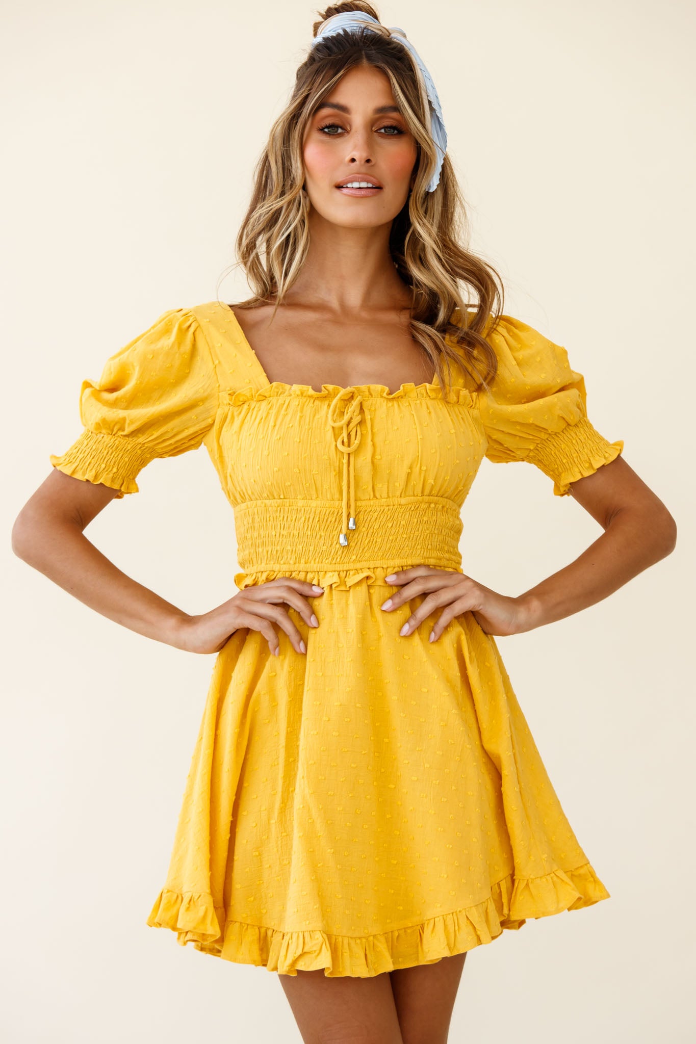 Summer In Paris Puff Sleeve Open Back Dress Mustard-Maymioy