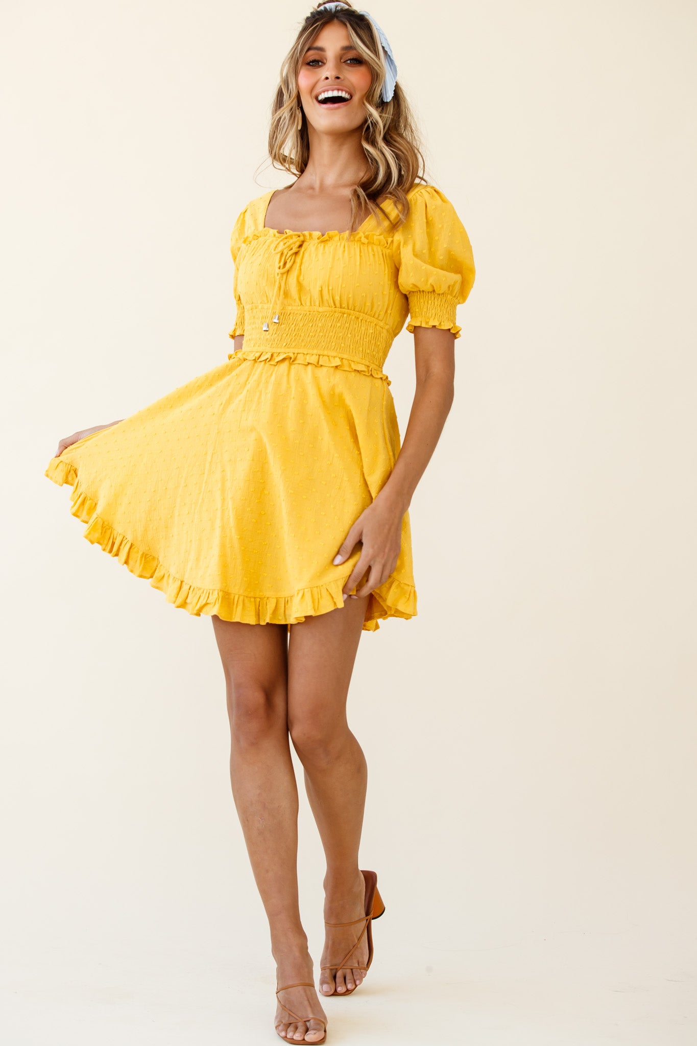 Summer In Paris Puff Sleeve Open Back Dress Mustard-Maymioy