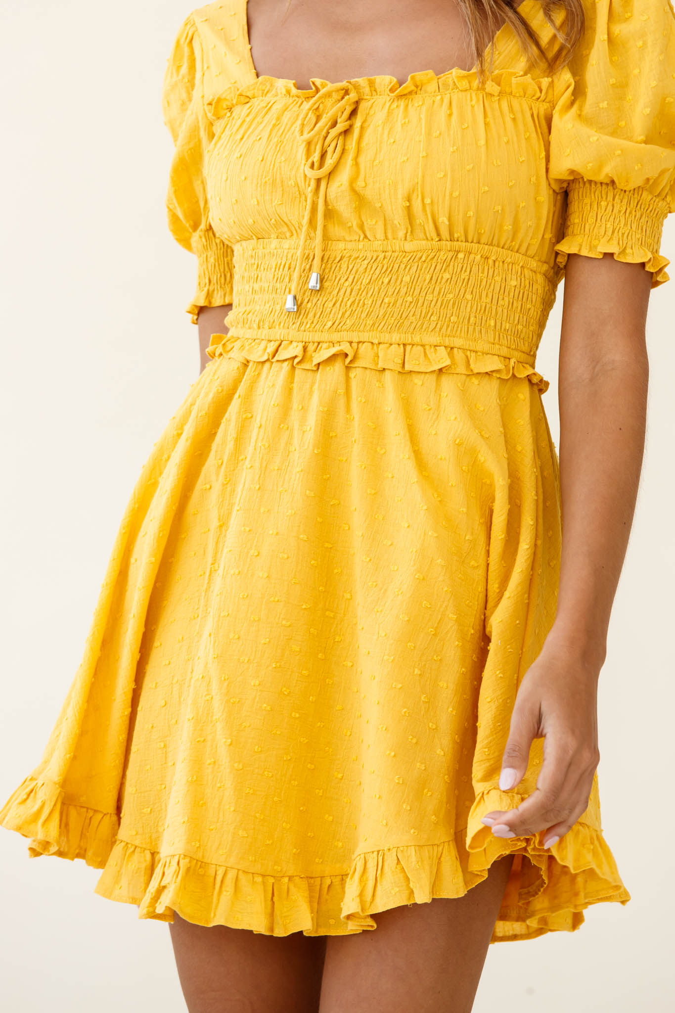 Summer In Paris Puff Sleeve Open Back Dress Mustard-Maymioy