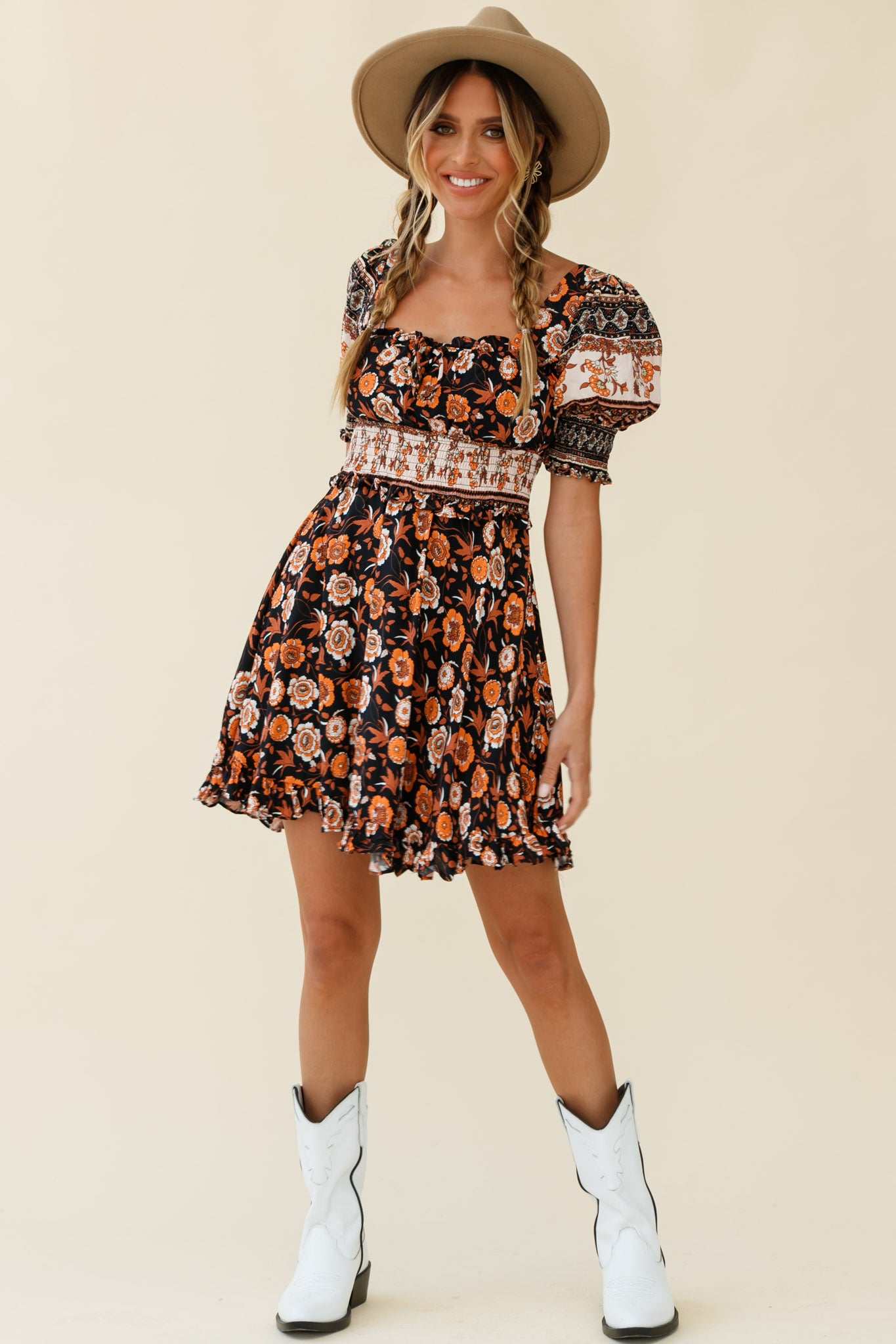 Summer In Paris Puff Sleeve Open Back Dress Floral Print Black Multi-Maymioy