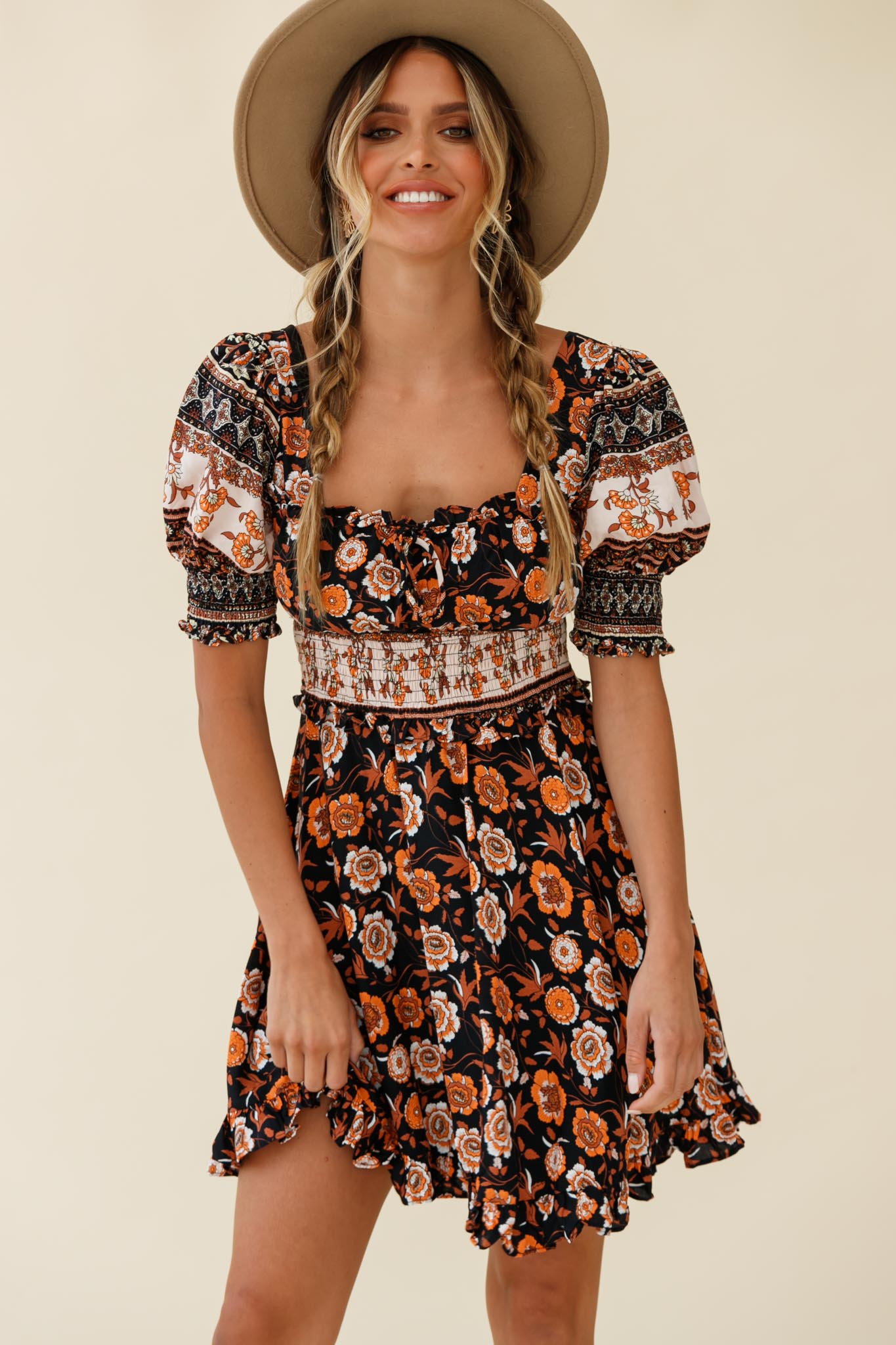 Summer In Paris Puff Sleeve Open Back Dress Floral Print Black Multi-Maymioy