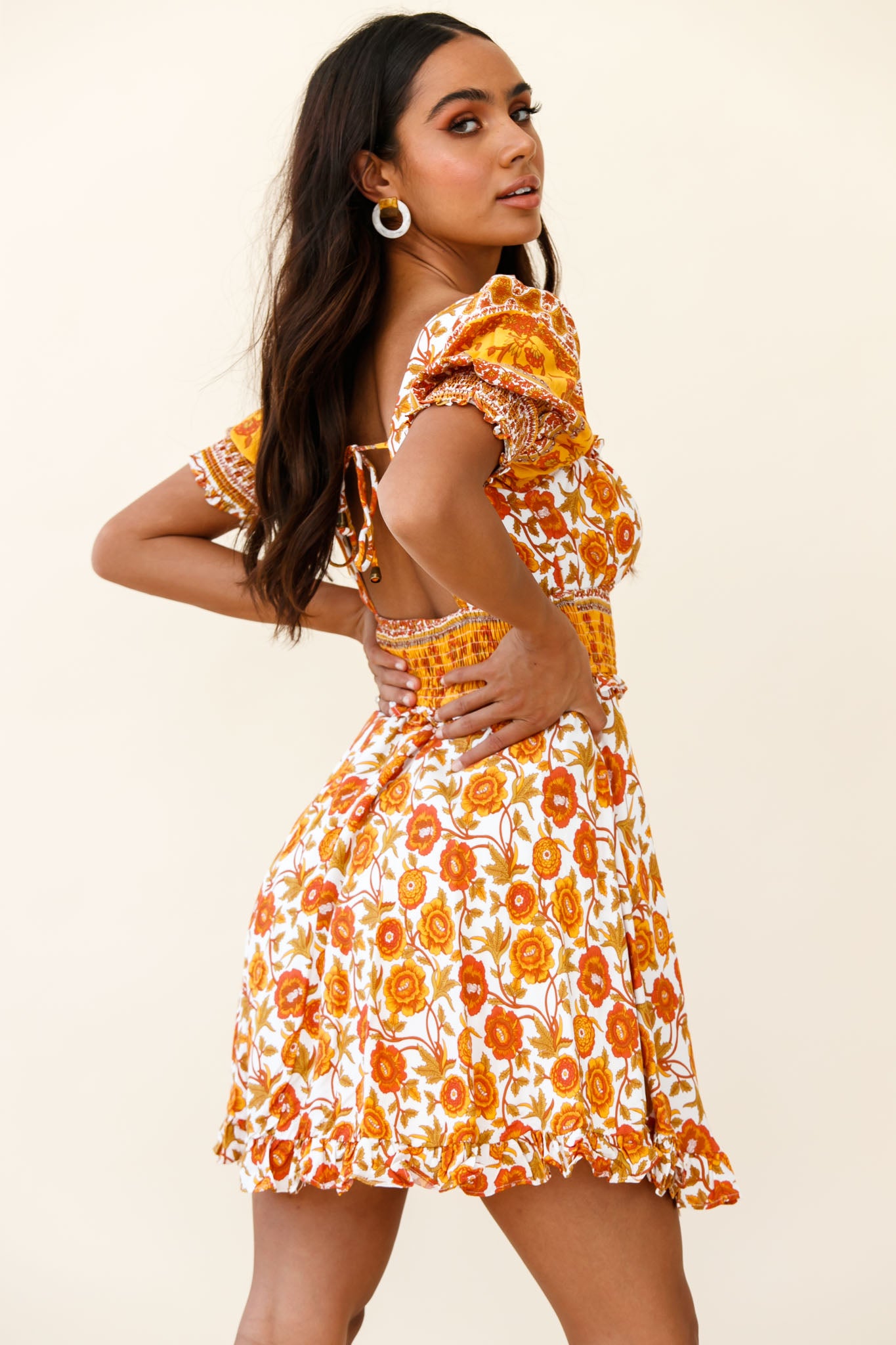 Summer In Paris Puff Sleeve Open Back Dress Floral Print Mustard Multi-Maymioy