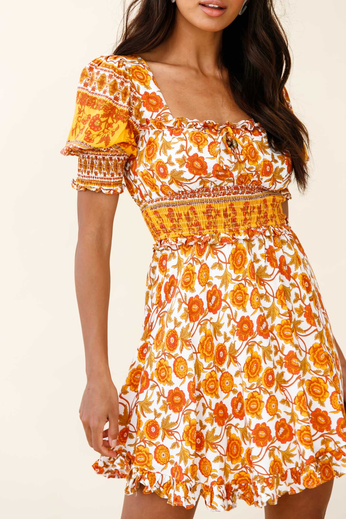 Summer In Paris Puff Sleeve Open Back Dress Floral Print Mustard Multi-Maymioy