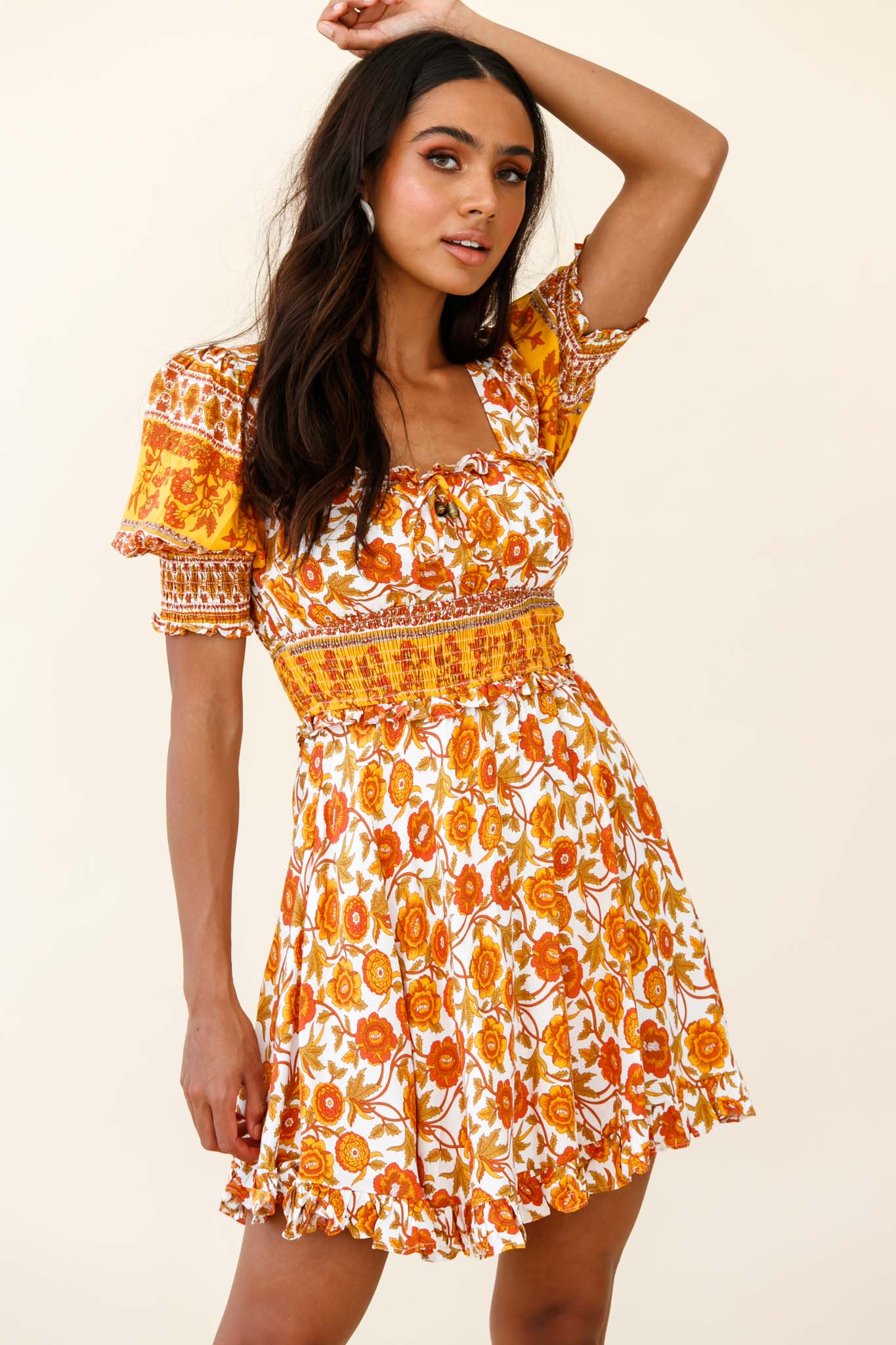 Summer In Paris Puff Sleeve Open Back Dress Floral Print Mustard Multi-Maymioy