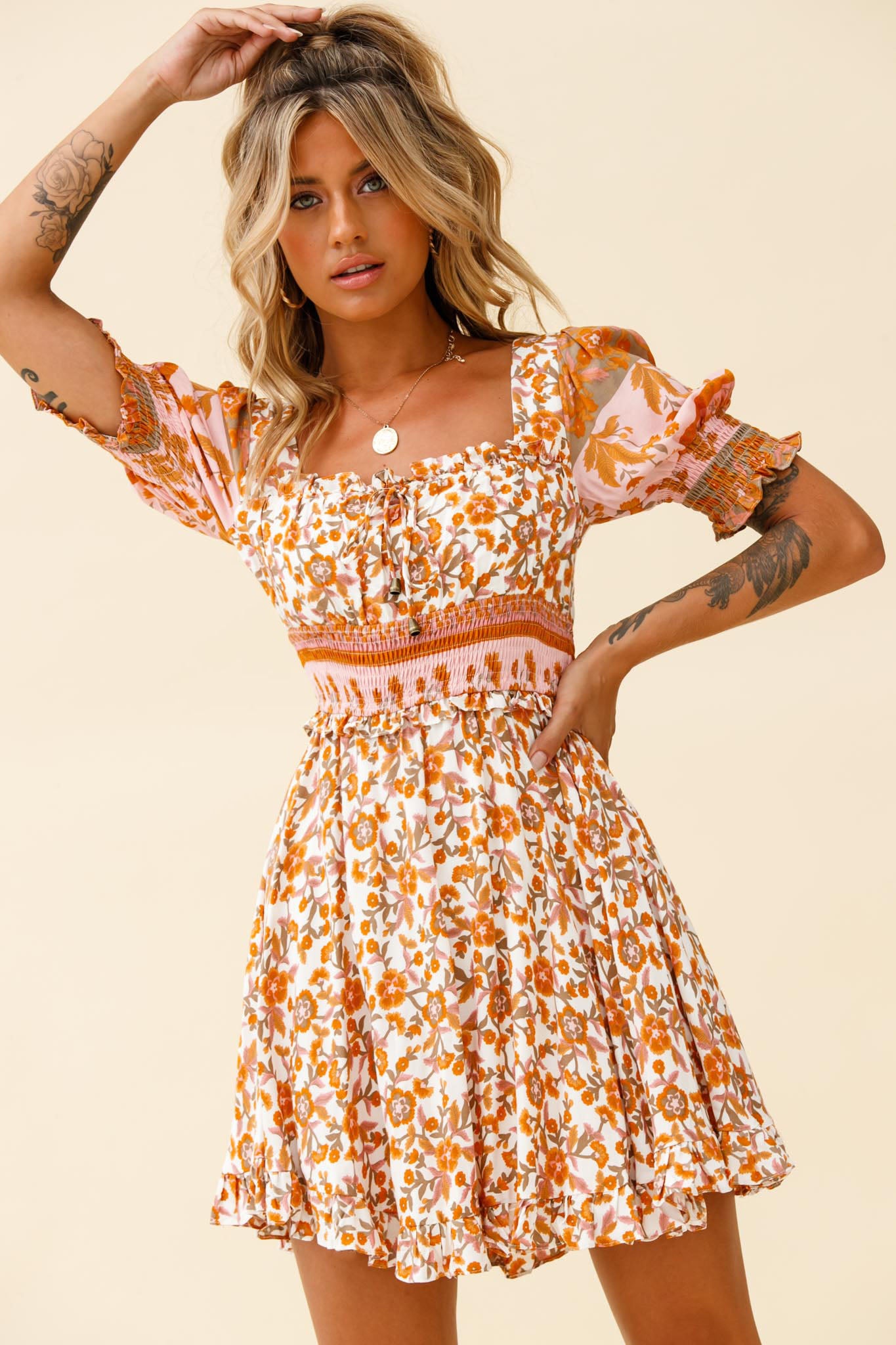 Summer In Paris Puff Sleeve Open Back Dress Floral Print White/Pink-Maymioy