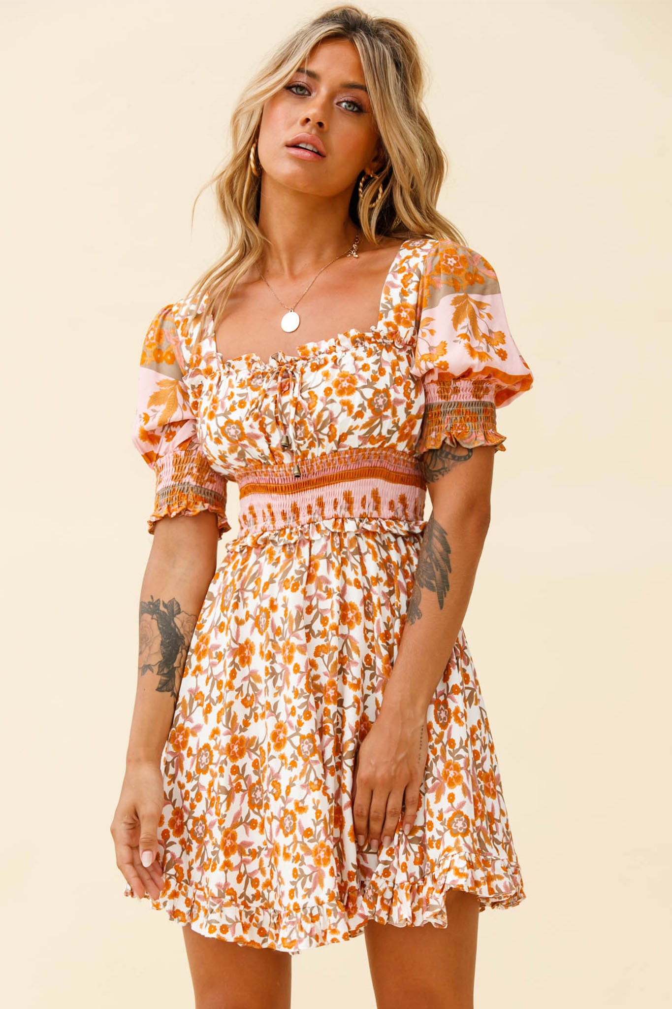 Summer In Paris Puff Sleeve Open Back Dress Floral Print White/Pink-Maymioy