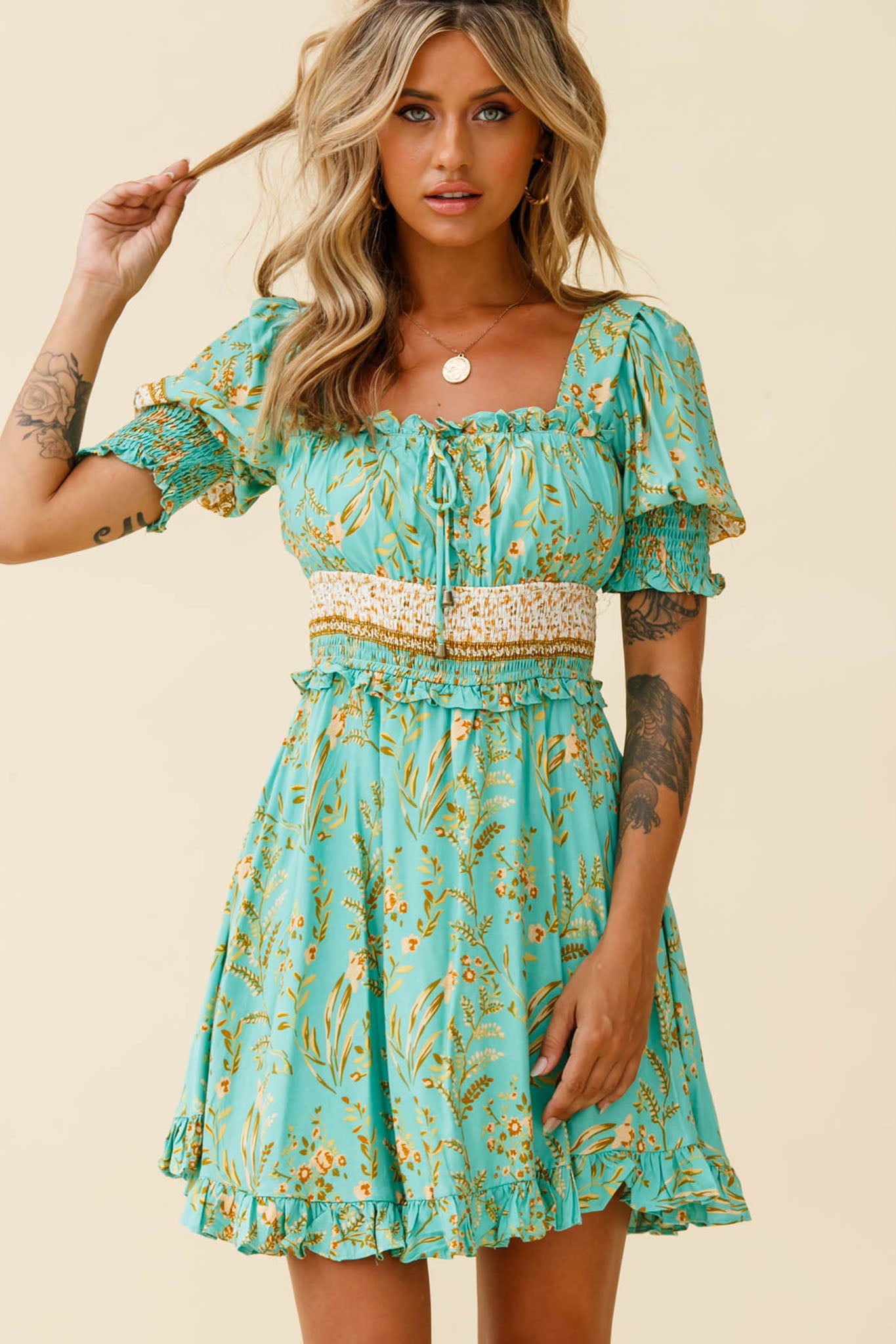 Summer In Paris Puff Sleeve Open Back Dress Botanical Print Mint-Maymioy