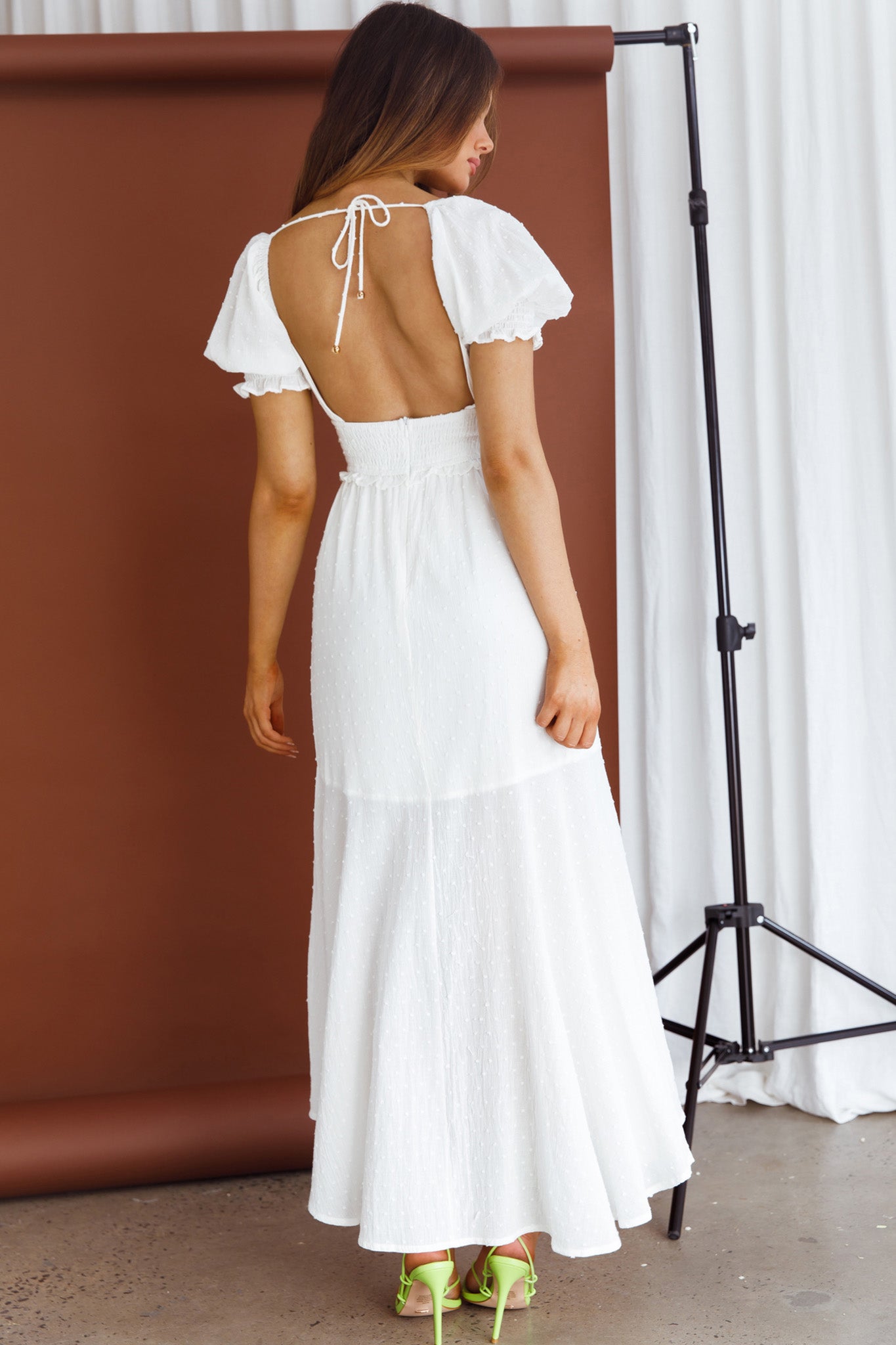 Summer In Paris Puff Sleeve Shirred Midi Dress White-Maymioy