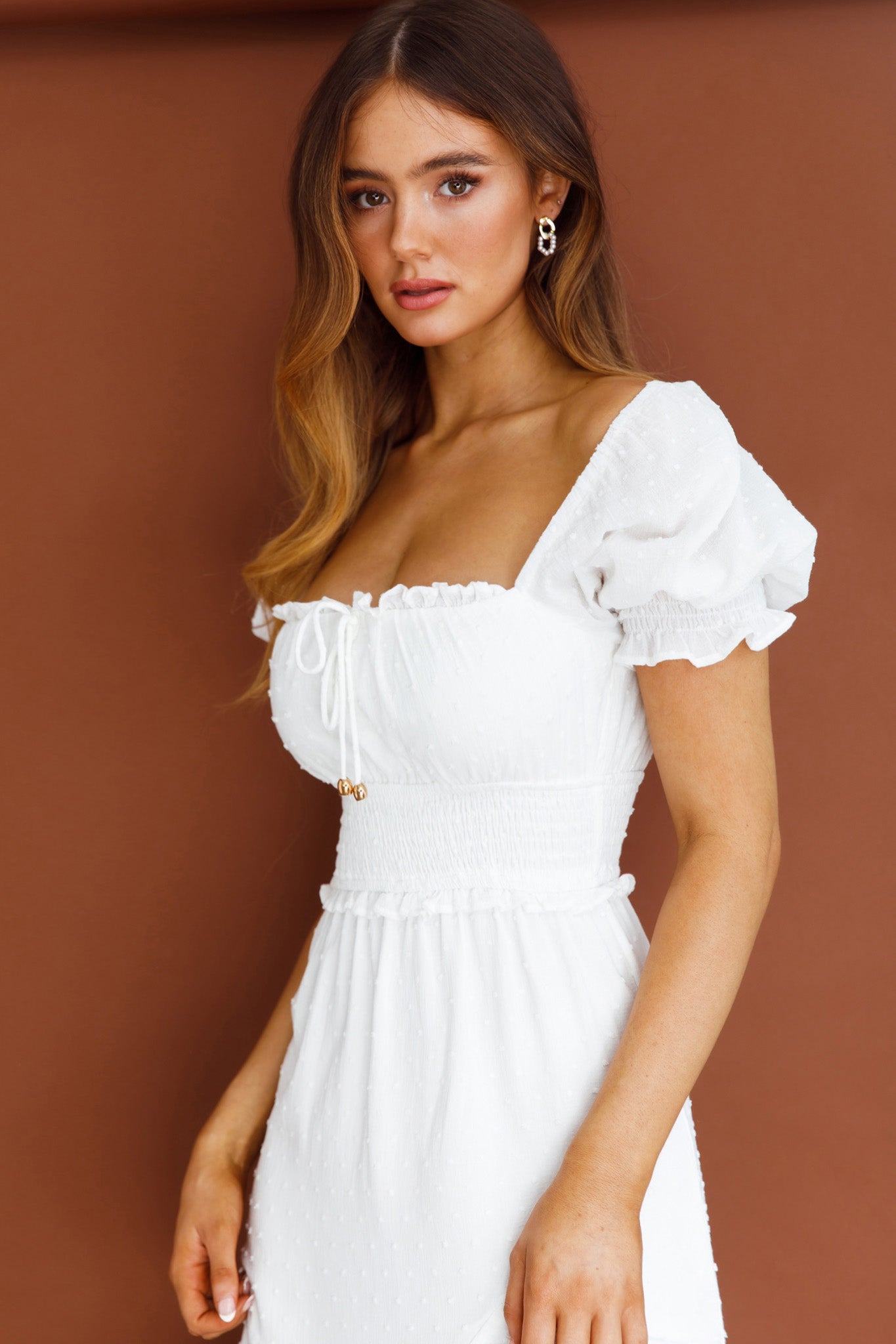 Summer In Paris Puff Sleeve Shirred Midi Dress White-Maymioy