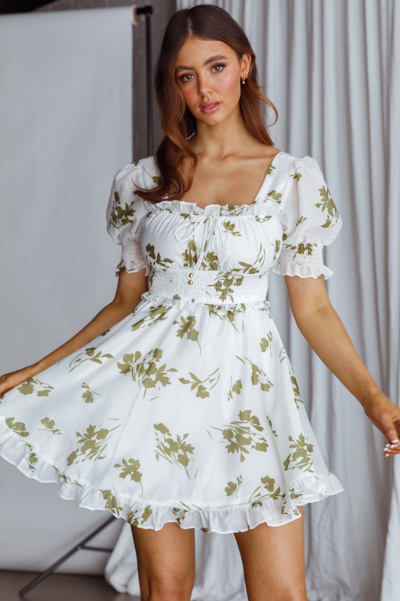 Summer In Paris Puff Sleeve Open Back Dress Floral Olive-Maymioy