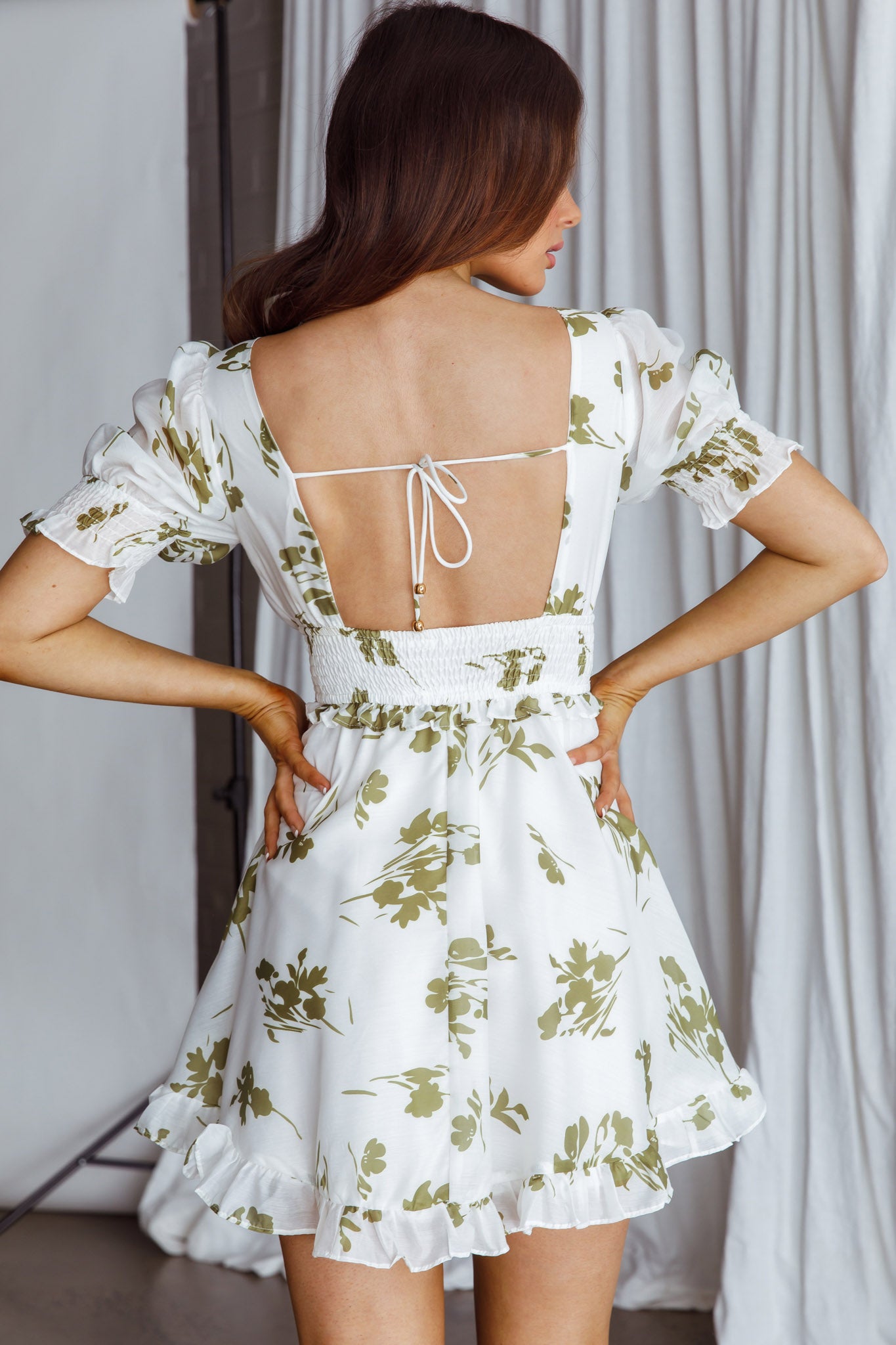 Summer In Paris Puff Sleeve Open Back Dress Floral Olive-Maymioy