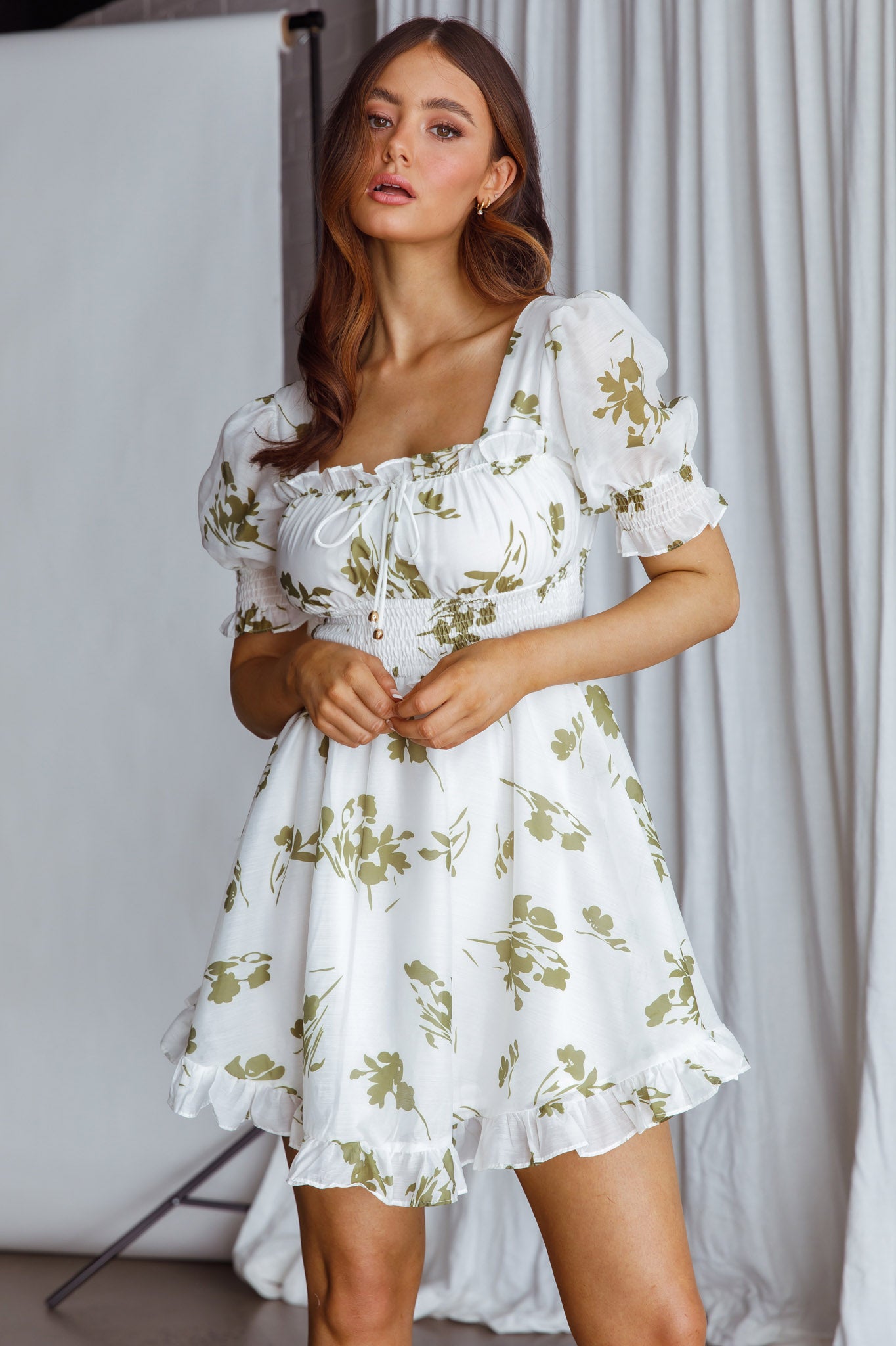 Summer In Paris Puff Sleeve Open Back Dress Floral Olive-Maymioy