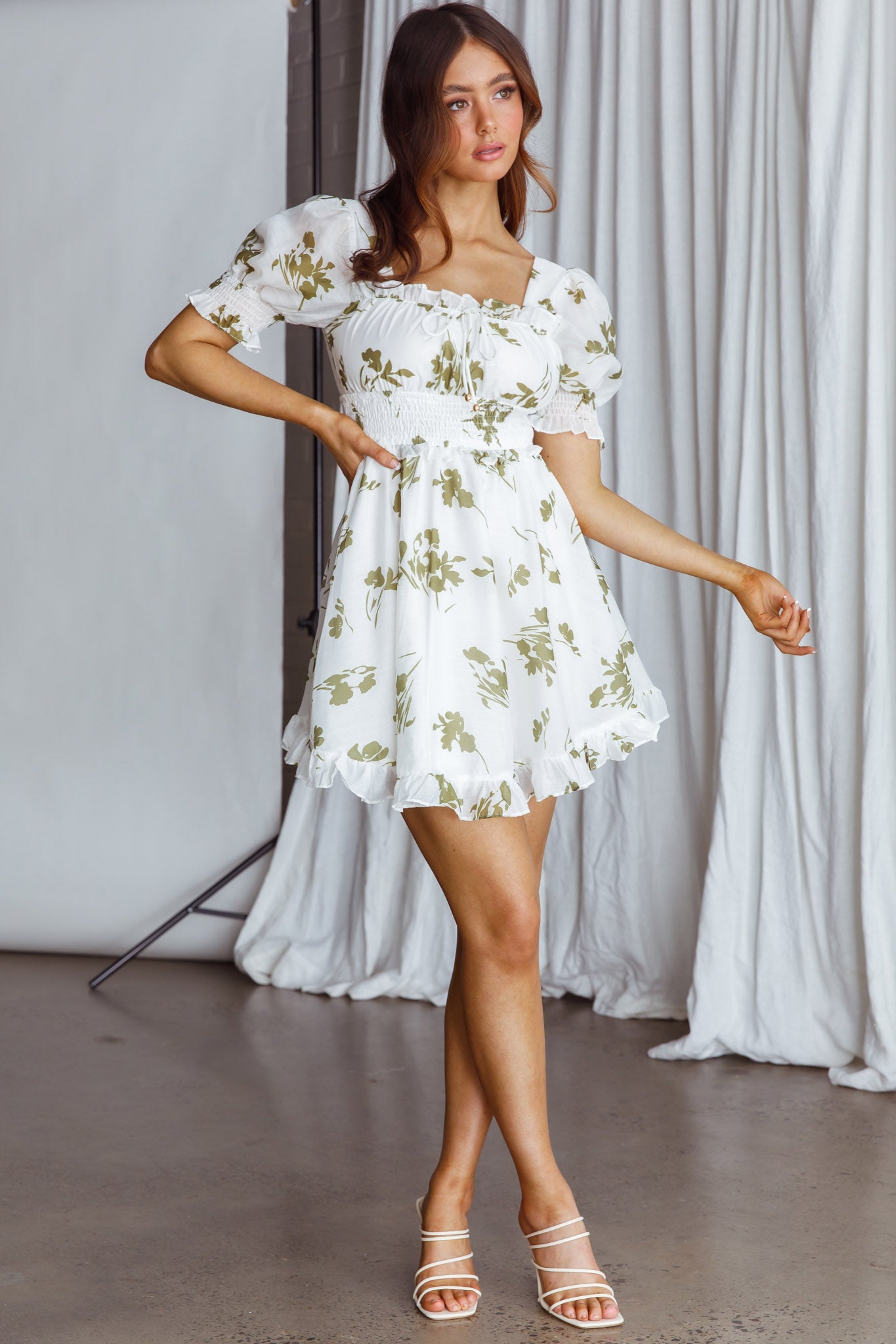 Summer In Paris Puff Sleeve Open Back Dress Floral Olive-Maymioy