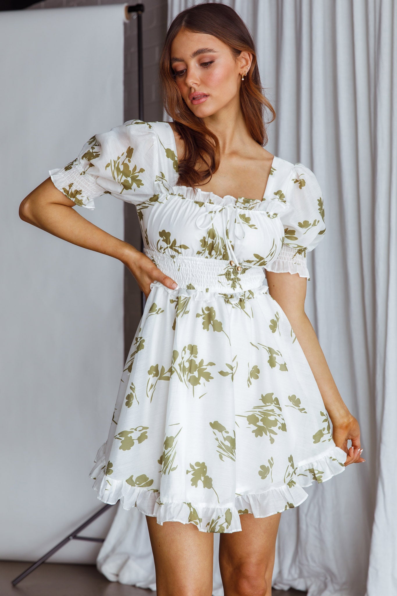 Summer In Paris Puff Sleeve Open Back Dress Floral Olive-Maymioy