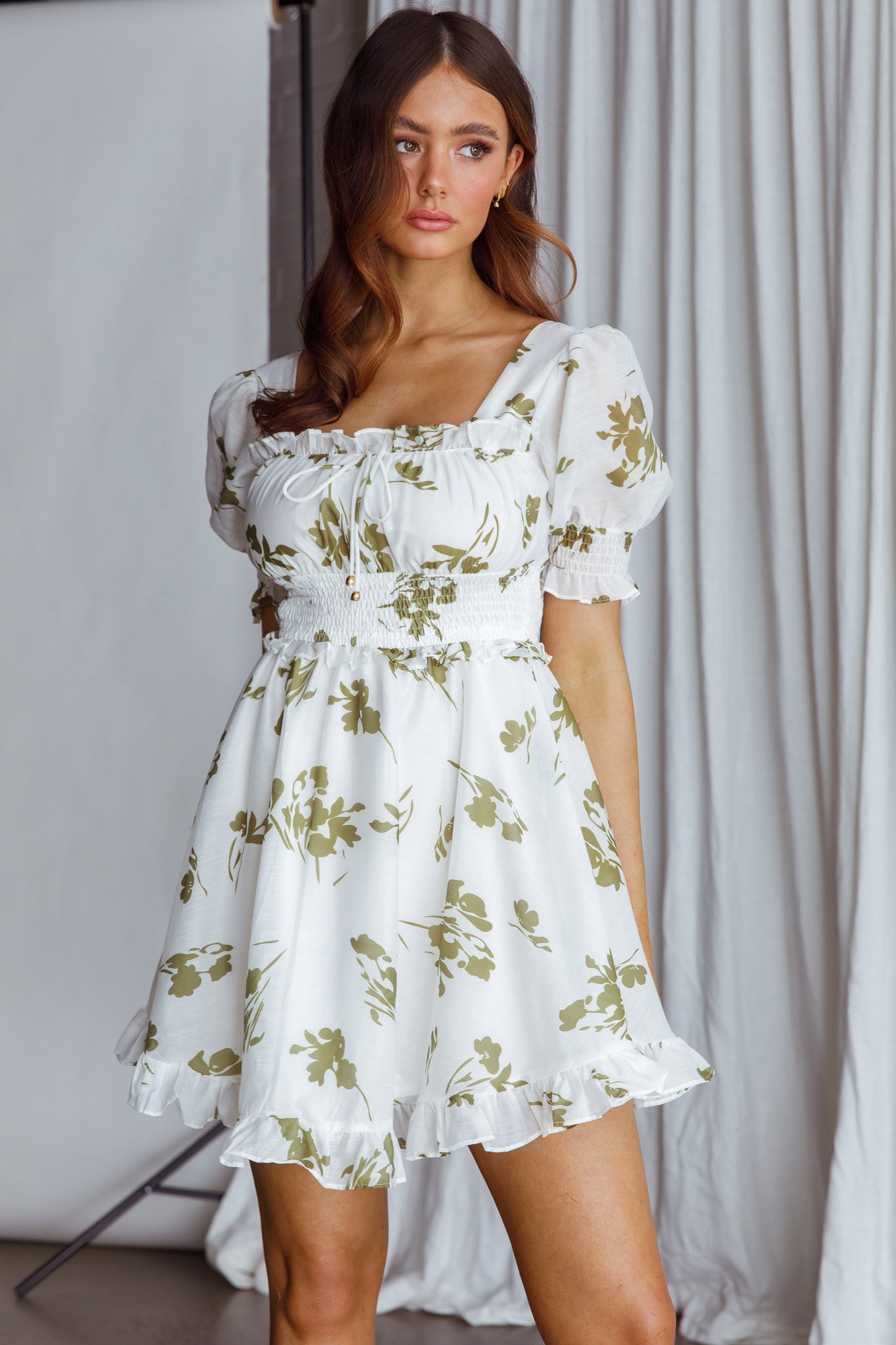 Summer In Paris Puff Sleeve Open Back Dress Floral Olive-Maymioy