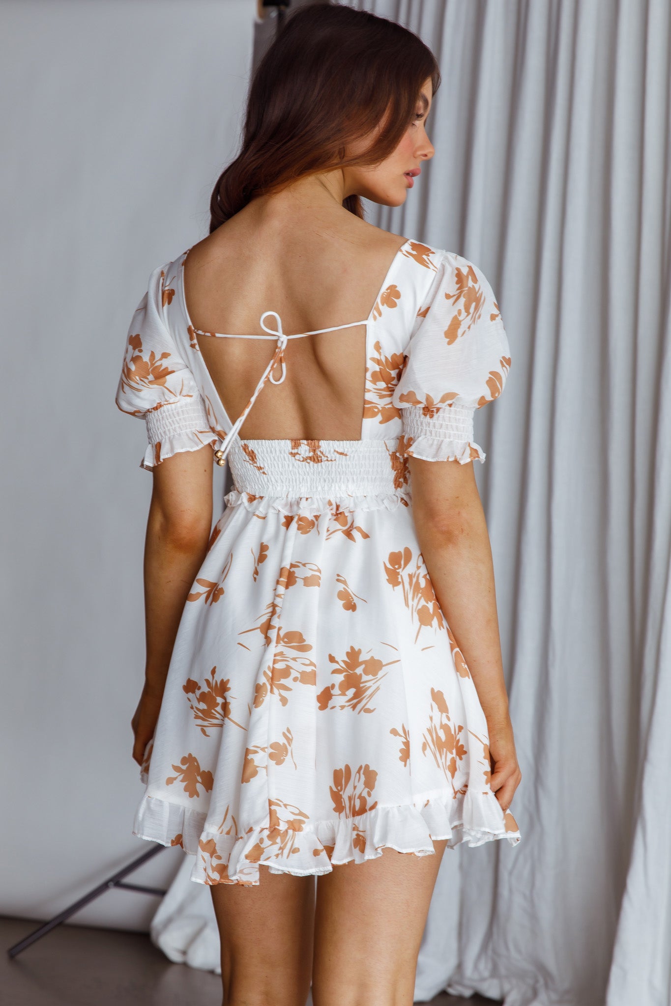 Summer In Paris Puff Sleeve Open Back Dress Floral Tan-Maymioy