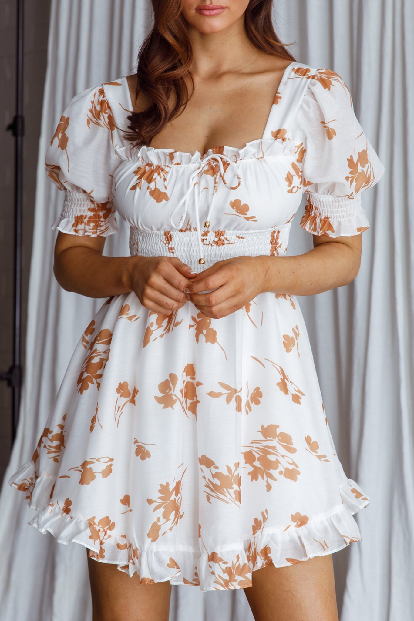 Summer In Paris Puff Sleeve Open Back Dress Floral Tan-Maymioy