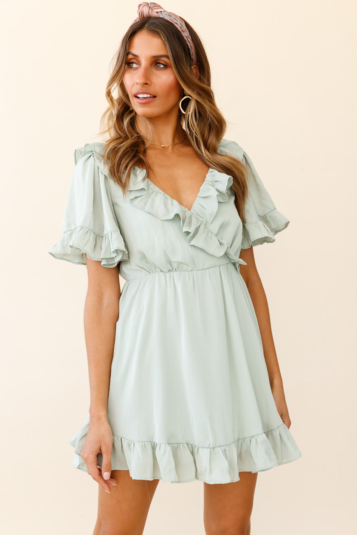 Malika Angel Sleeve Ruffle Trim Dress Pistachio-Maymioy