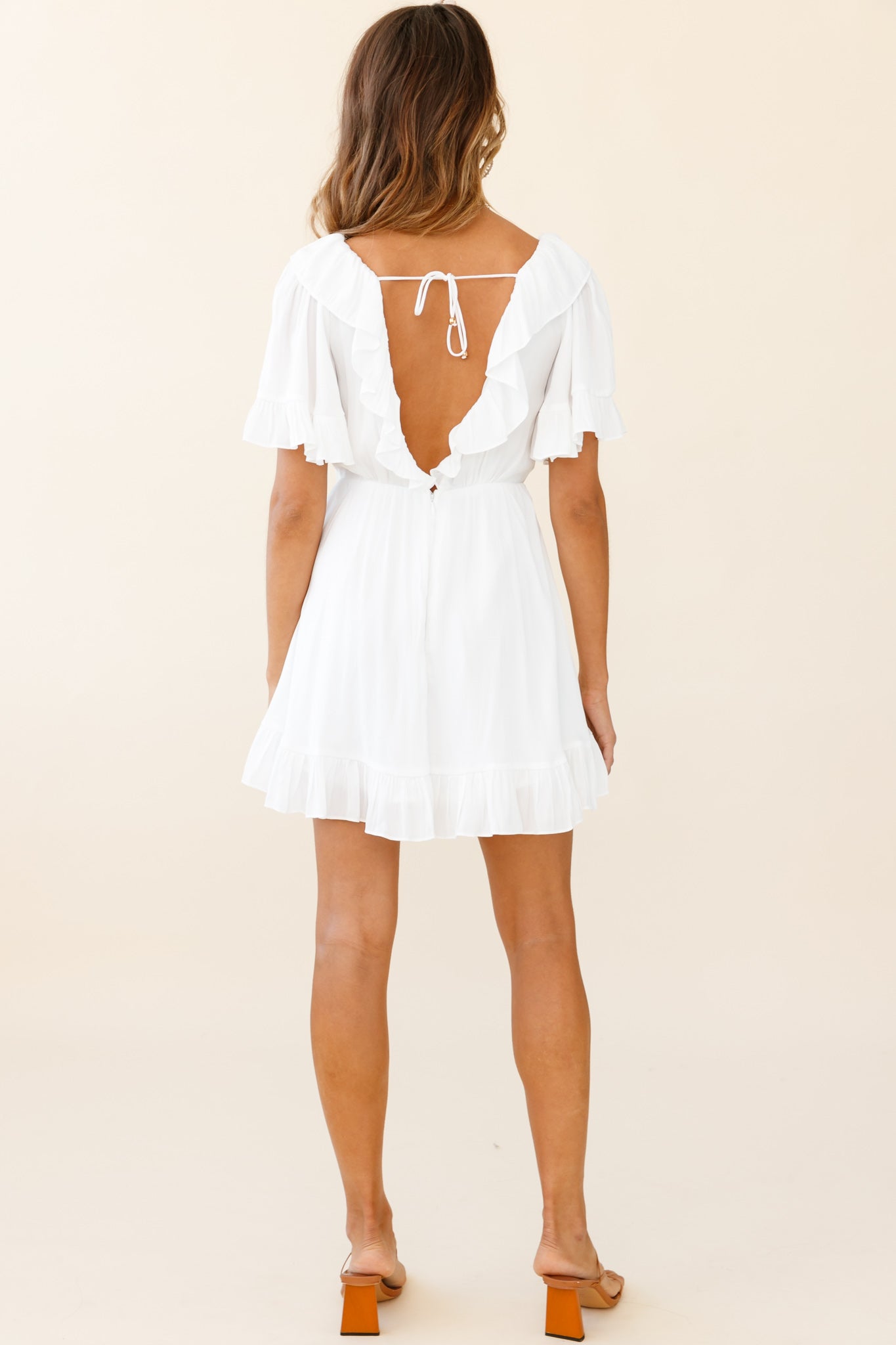 Malika Angel Sleeve Ruffle Trim Dress White-Maymioy