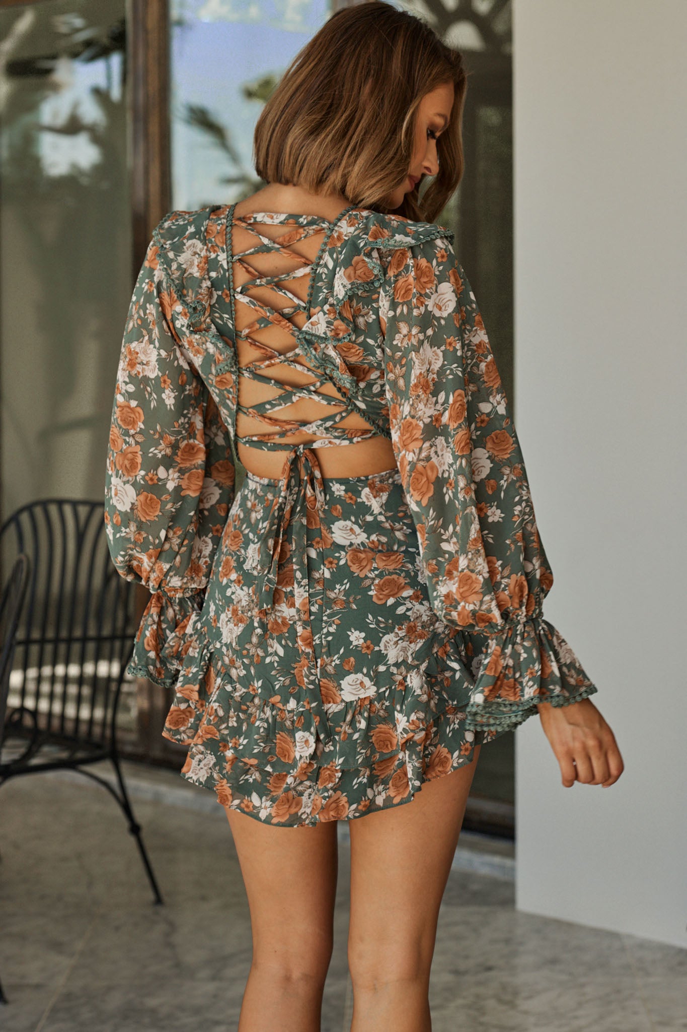 Charade Long Sleeve Corset Back Dress Floral Print Mint-Maymioy