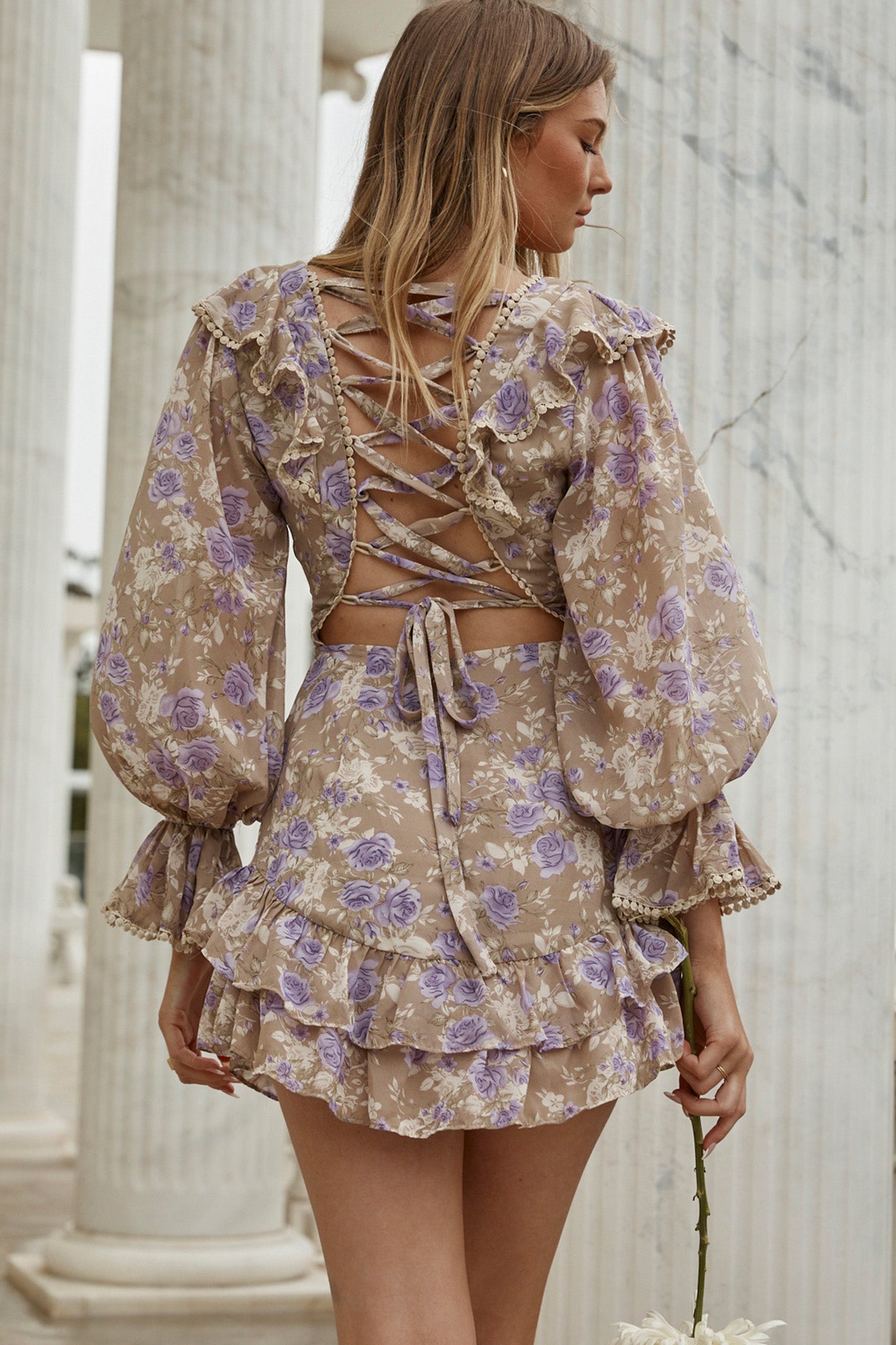 Charade Long Sleeve Corset Back Dress Floral Print Lilac-Maymioy