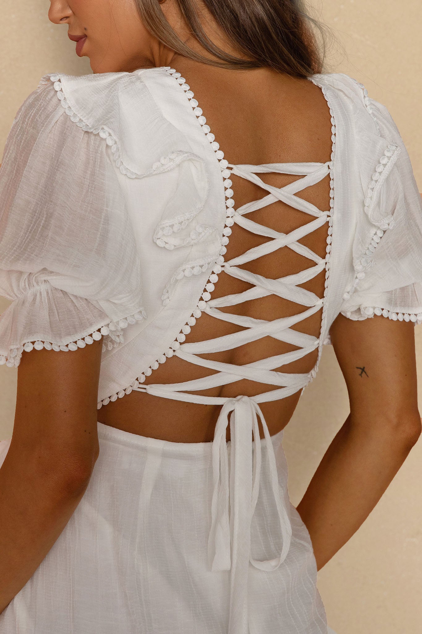 Charade Puff Sleeve Wrap Skirt Corset Back Dress White-Maymioy