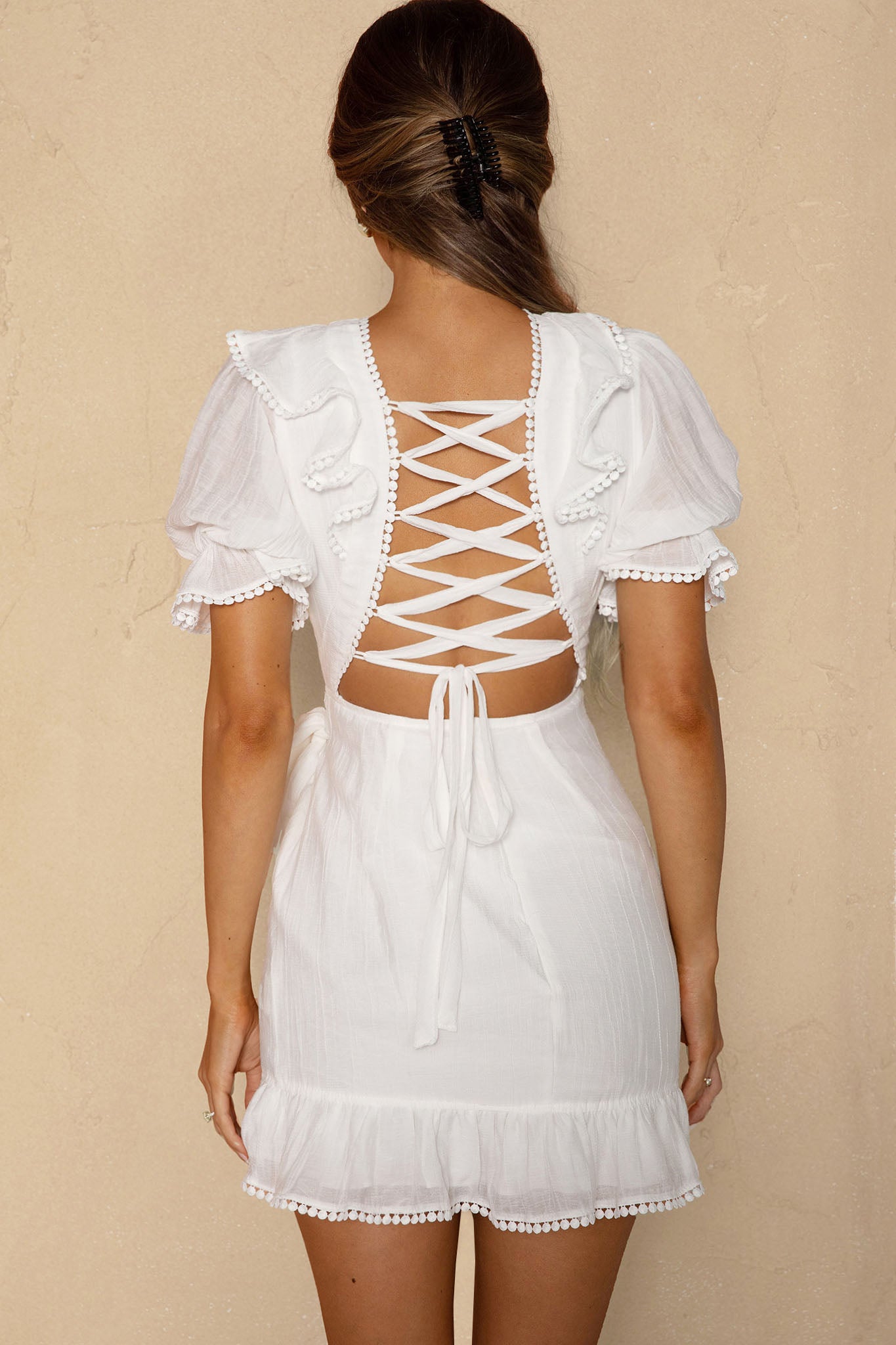 Charade Puff Sleeve Wrap Skirt Corset Back Dress White-Maymioy