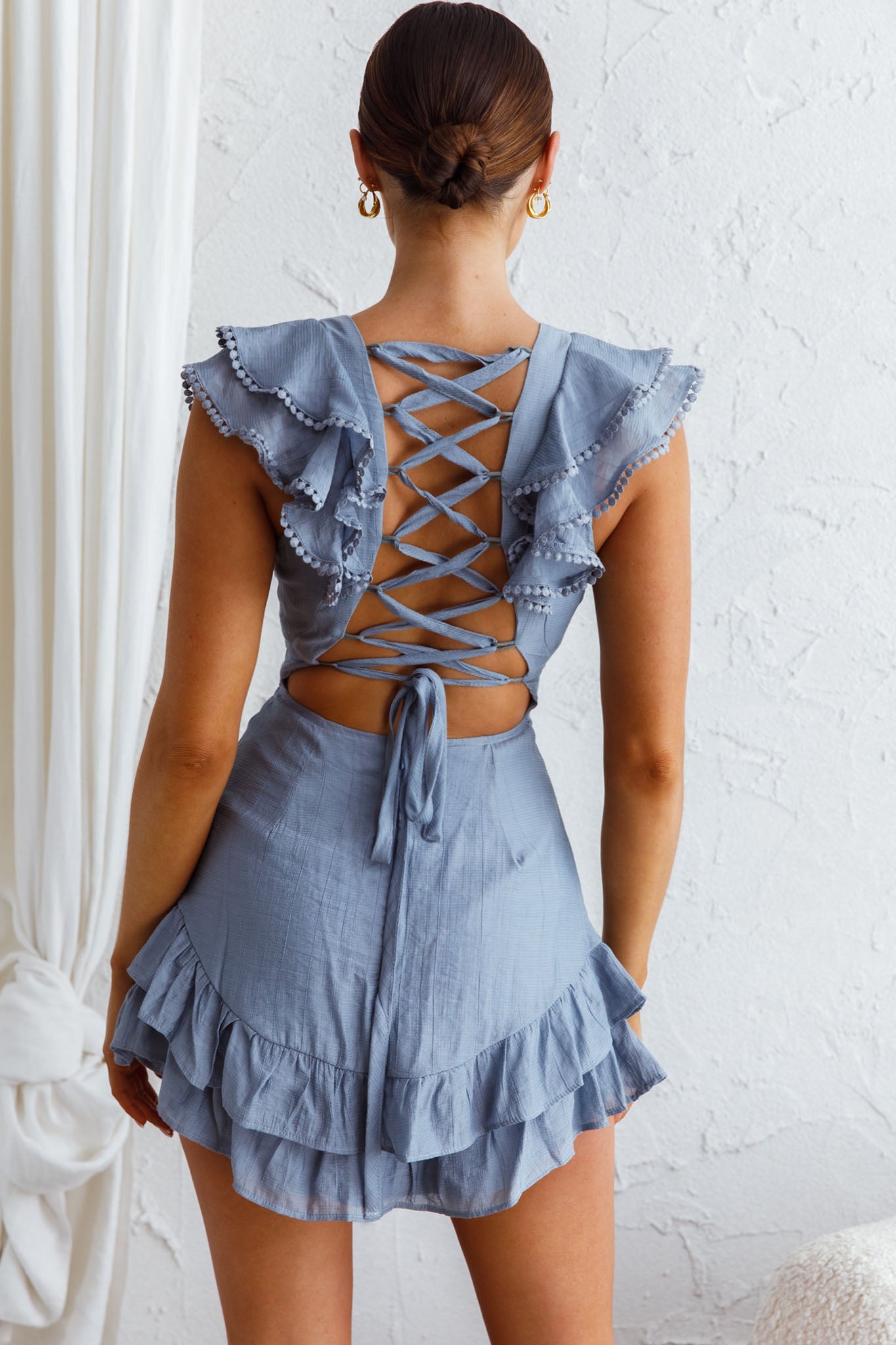 Charade Ruffle Shoulder Corset Back Dress Midnight Blue-Maymioy
