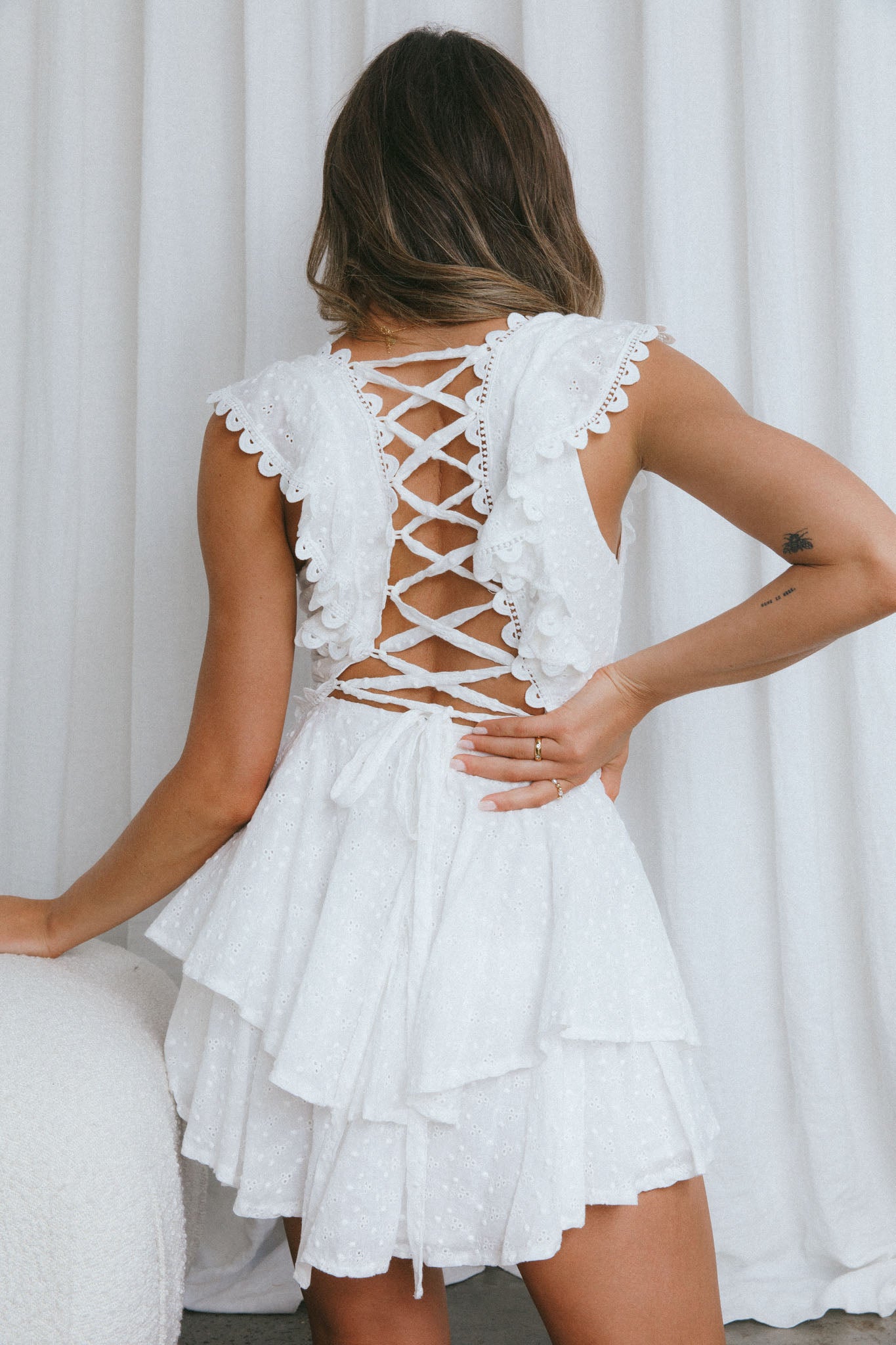 Charade Ruffle Shoulder Corset Back Eyelet Dress White-Maymioy
